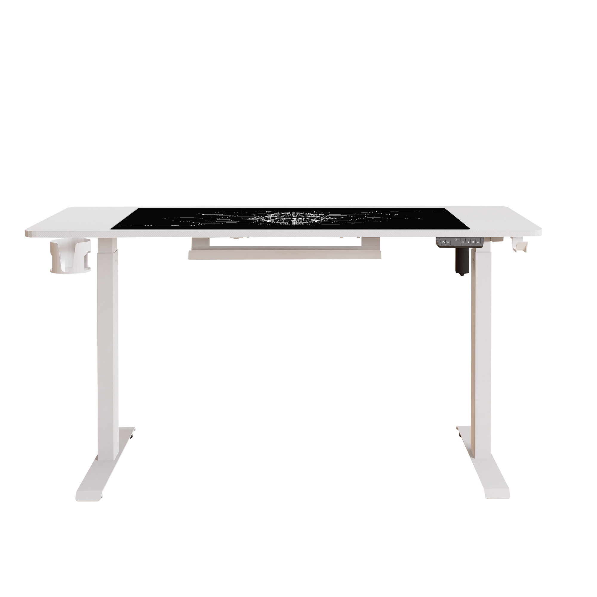 Białe biurko z czarną matą i panelem sterowania.