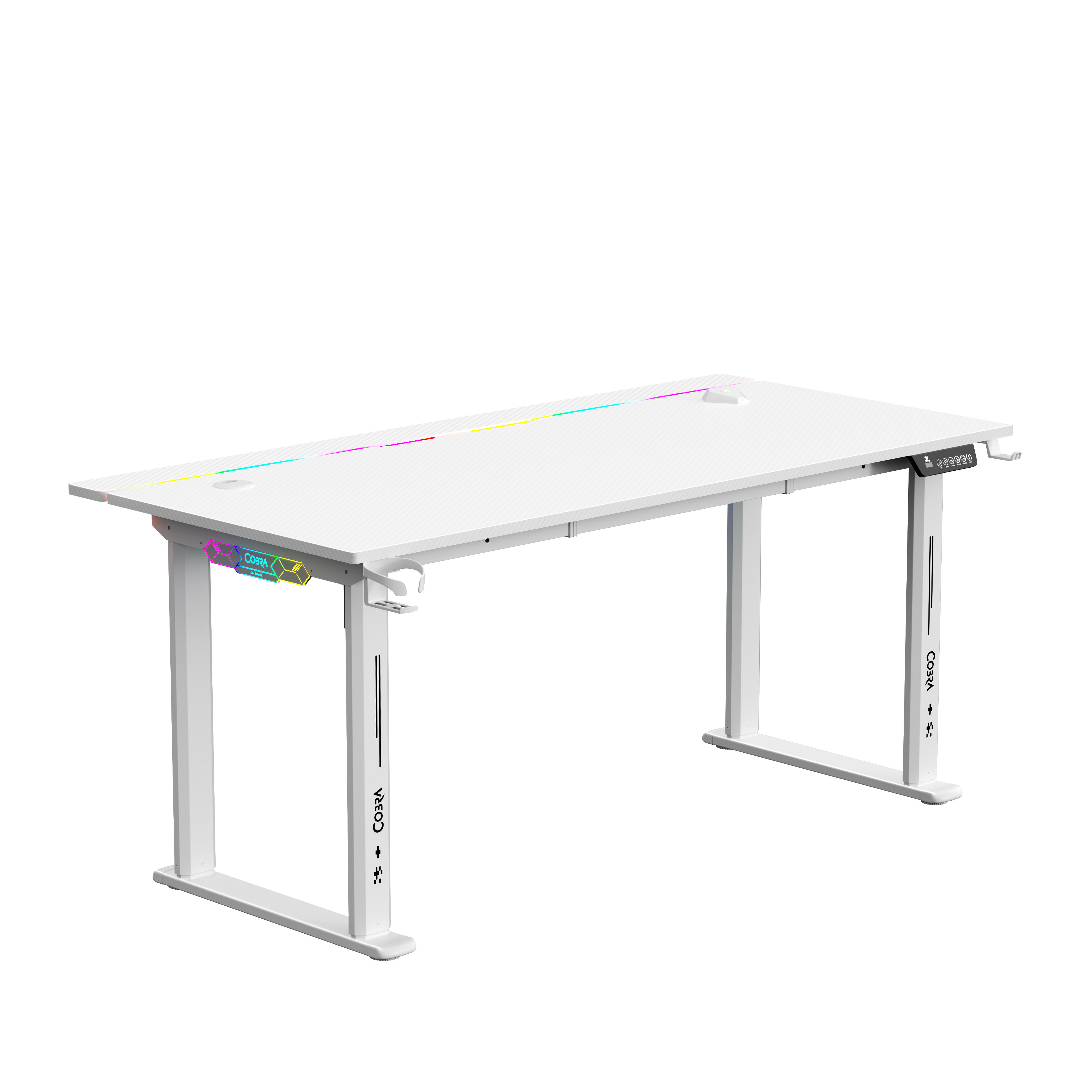 Białe biurko z oświetleniem RGB i cyfrowymi kontrolkami.