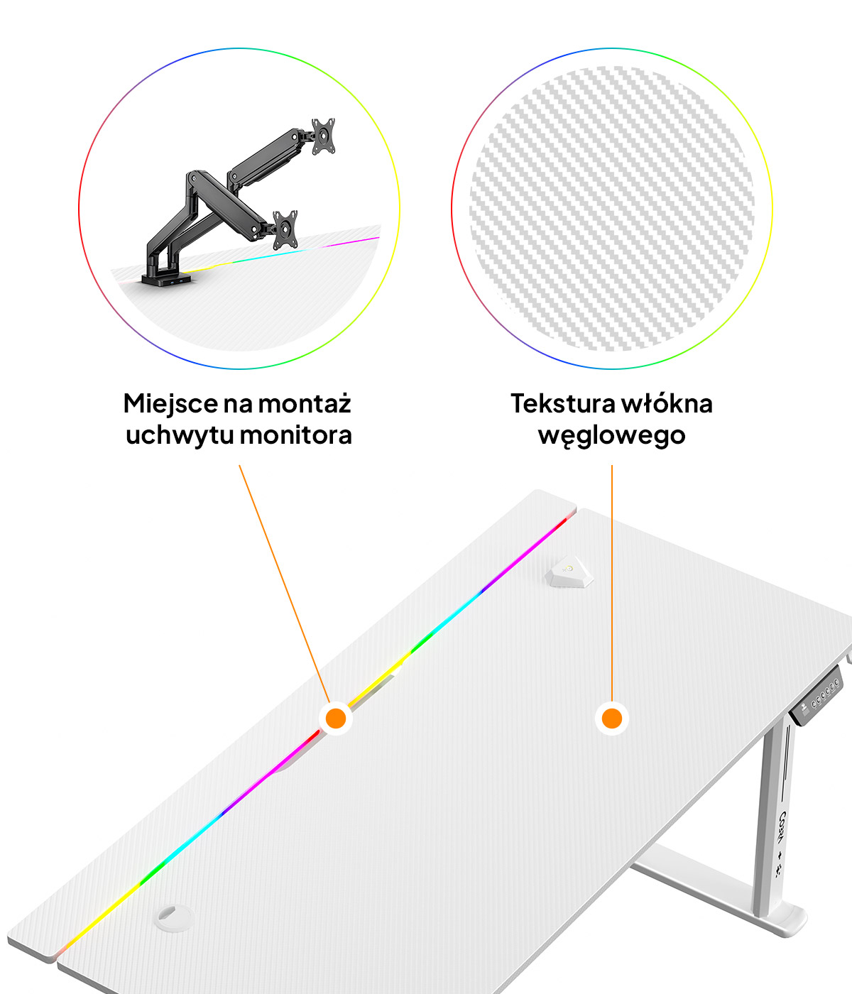 Białe biurko z oświetleniem RGB i mocowaniem ramienia monitora.