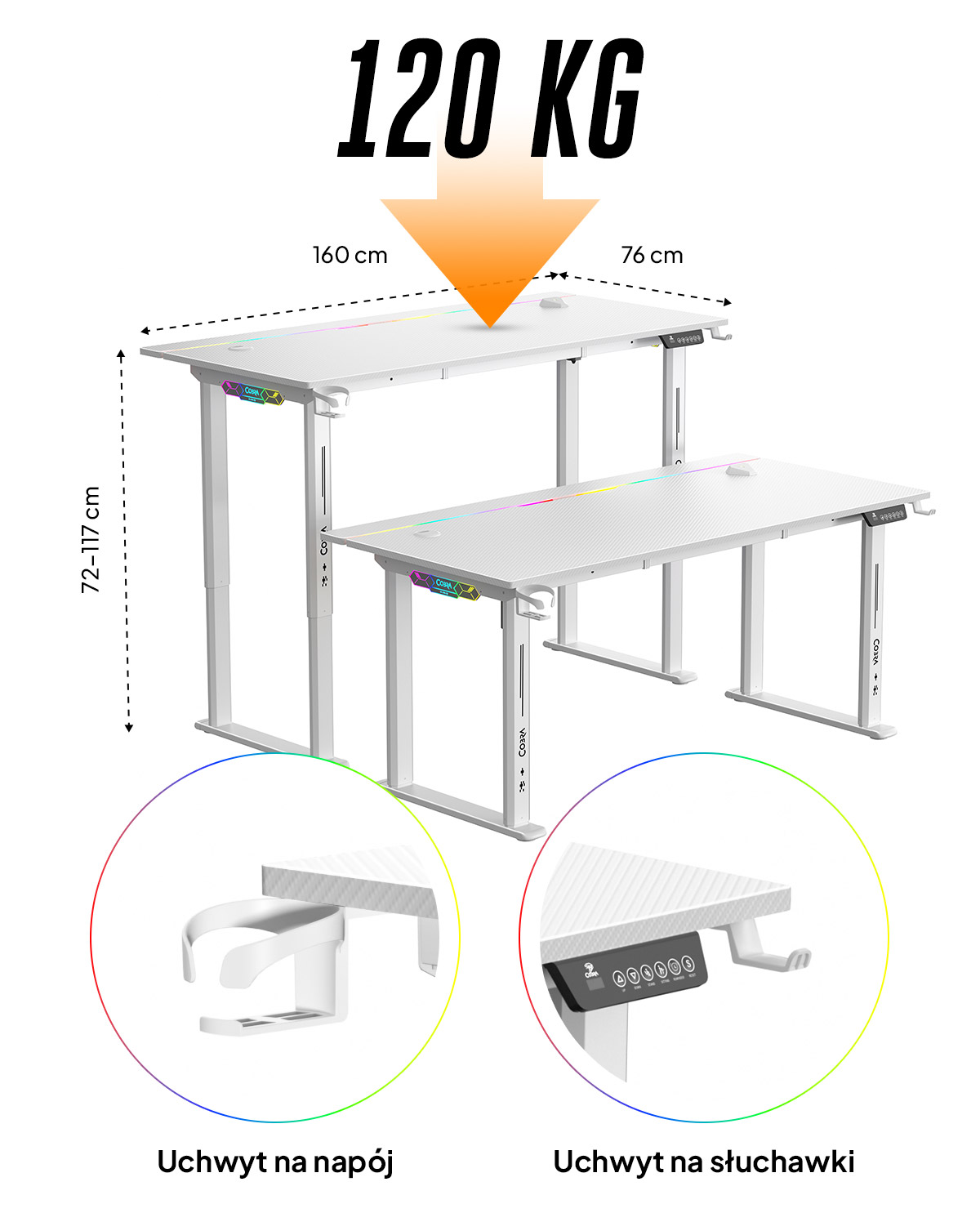 Białe biurka z regulacją wysokości i oświetleniem RGB, udźwig 120kg.