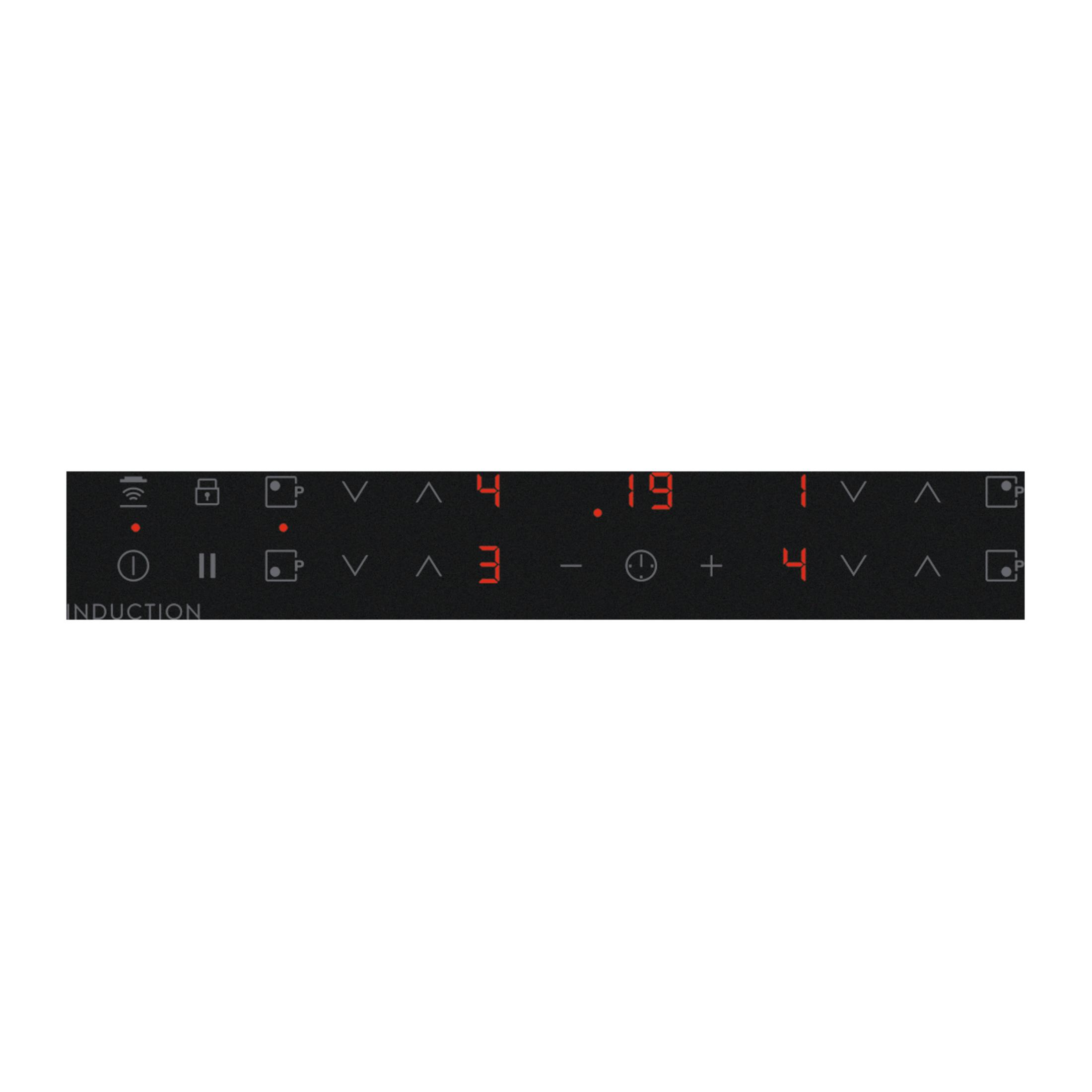 Display piano cottura: numeri 4 e 3, timer 19, simbolo induzione.