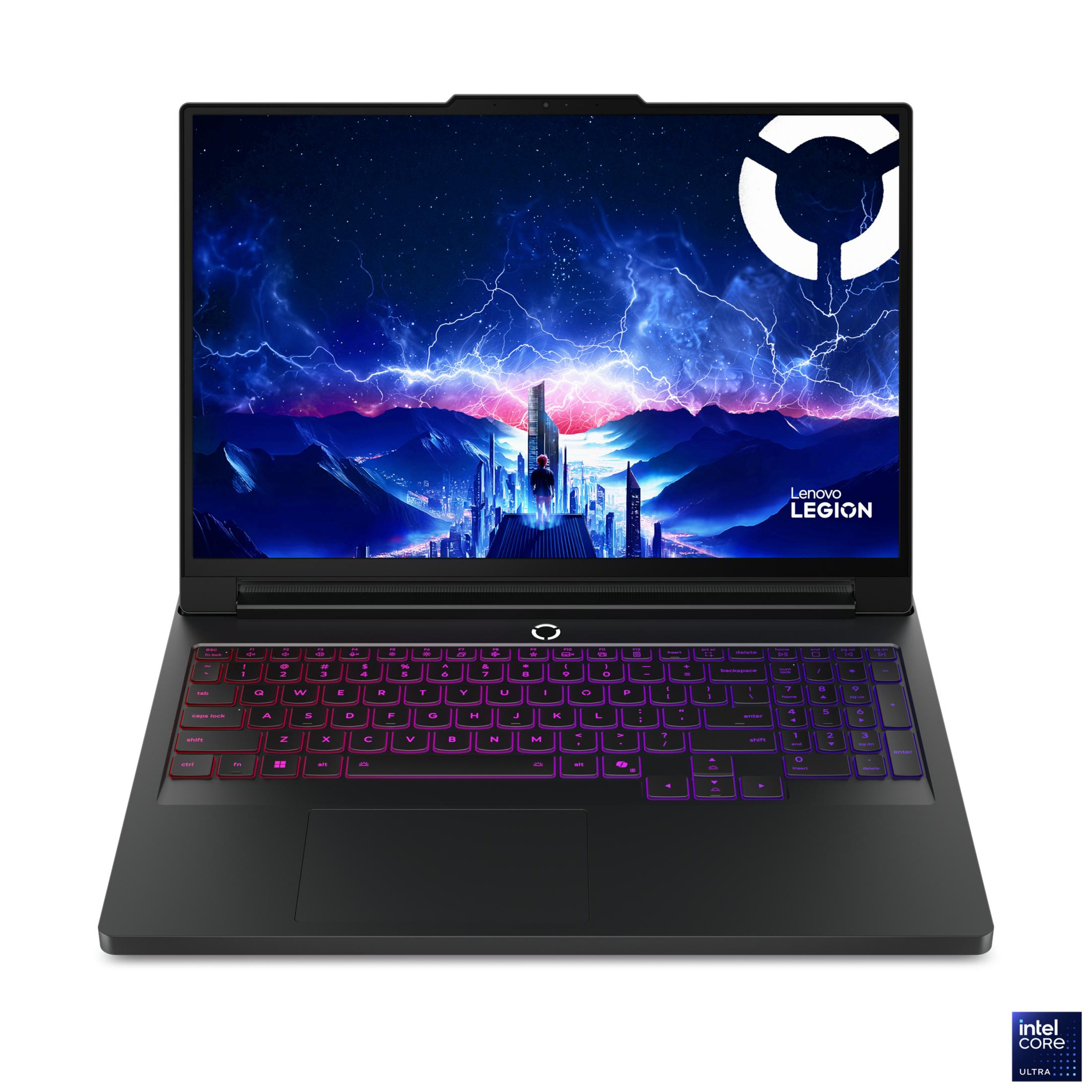 Arkadan aydınlatmalı klavyeli ve fütüristik duvar kağıtlı siyah Lenovo Legion dizüstü bilgisayar.
