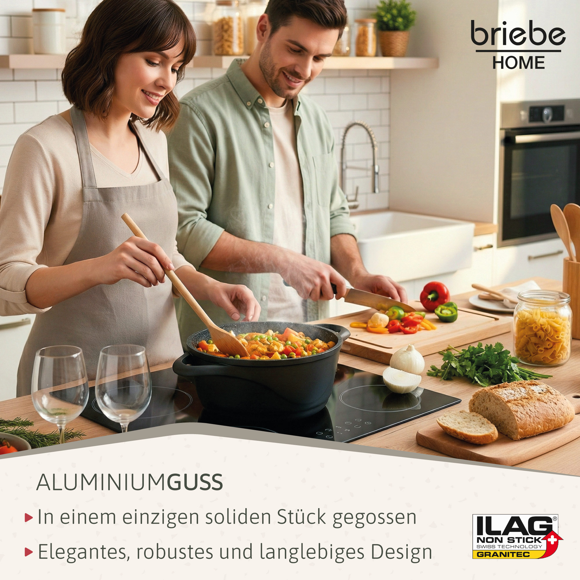 Una pareja prepara una comida en una cocina moderna.