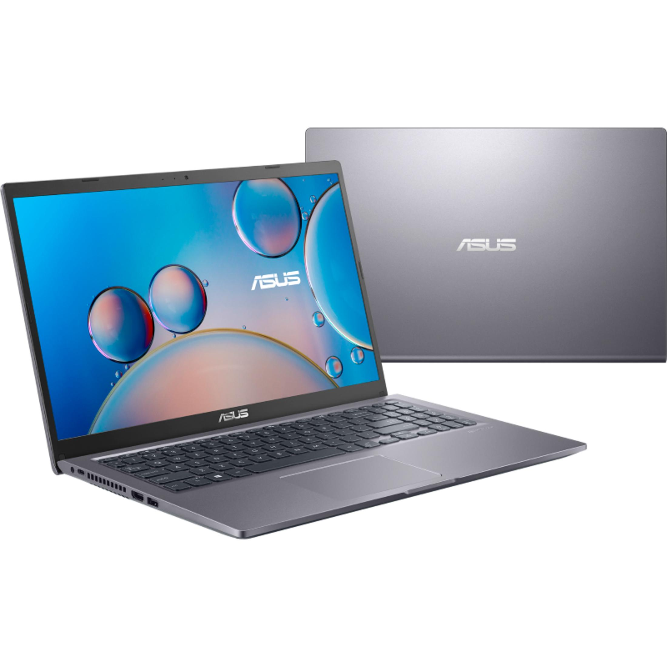 Gümüş renkli Asus dizüstü bilgisayar açık kapak, görünür klavye, beyaz arka plan.