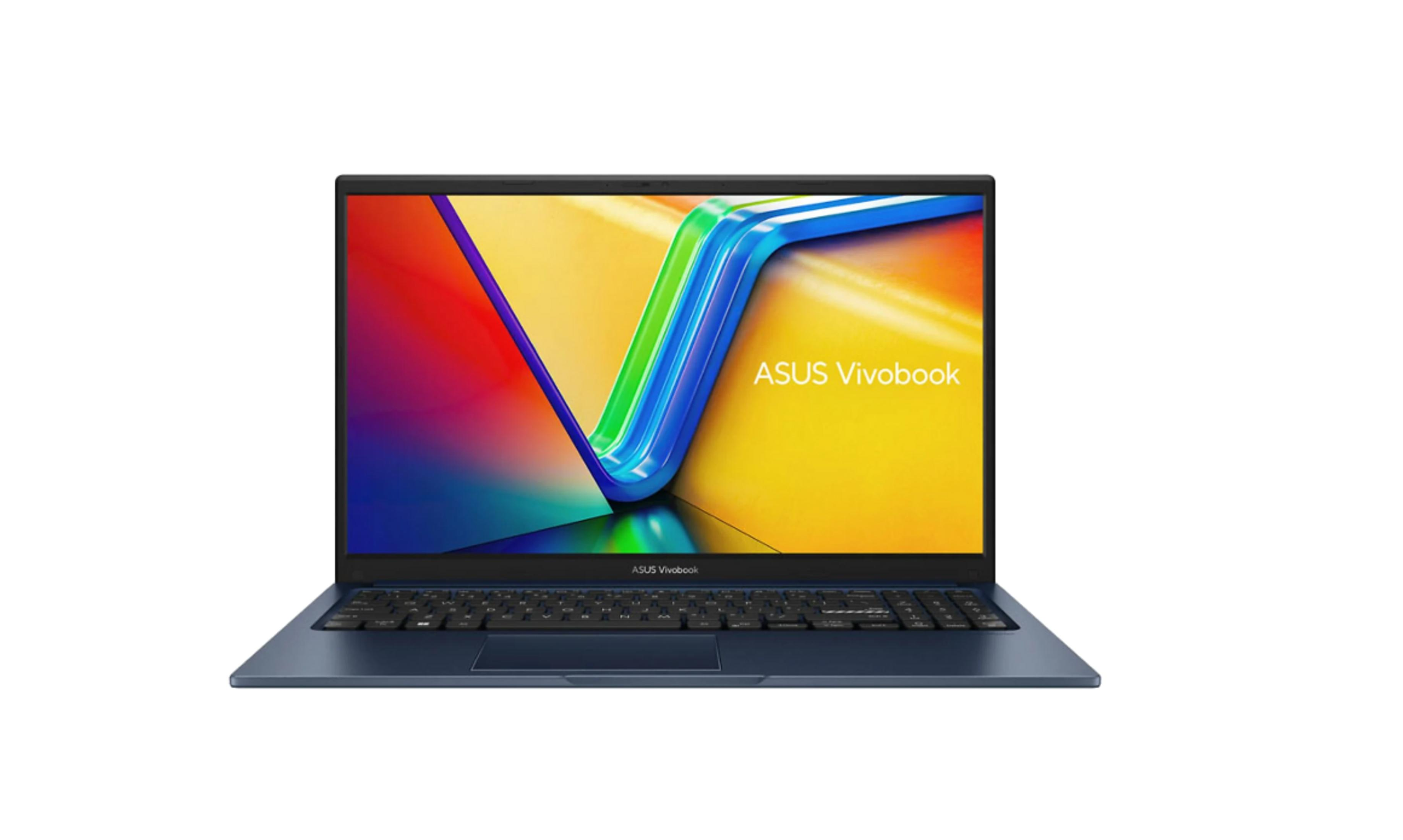 Arkadan aydınlatmalı klavyeli ve renkli duvar kağıtlı koyu mavi ASUS Vivobook dizüstü bilgisayar.