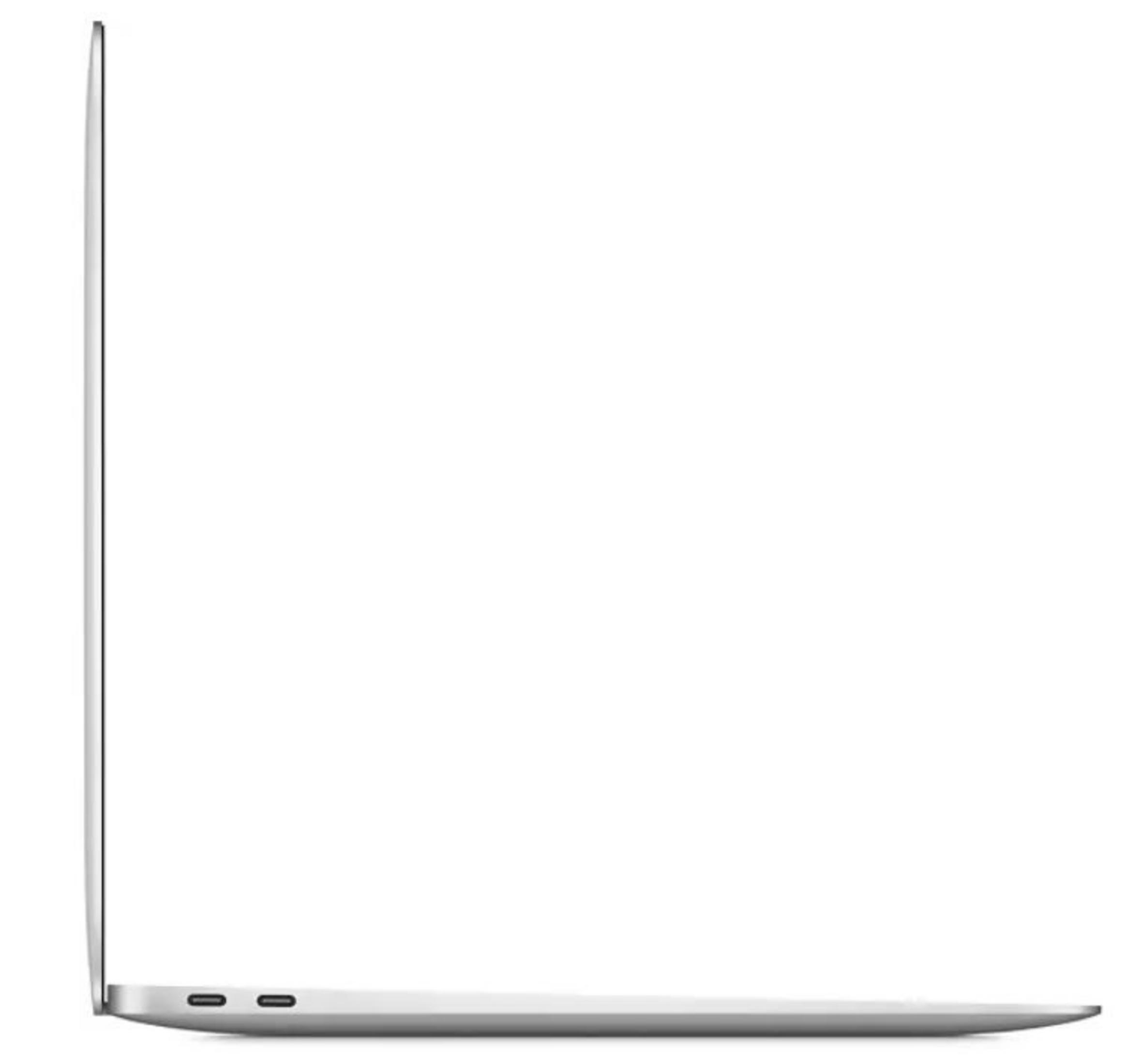 Srebrny laptop w profilu, z dwoma portami USB-C po lewej stronie.