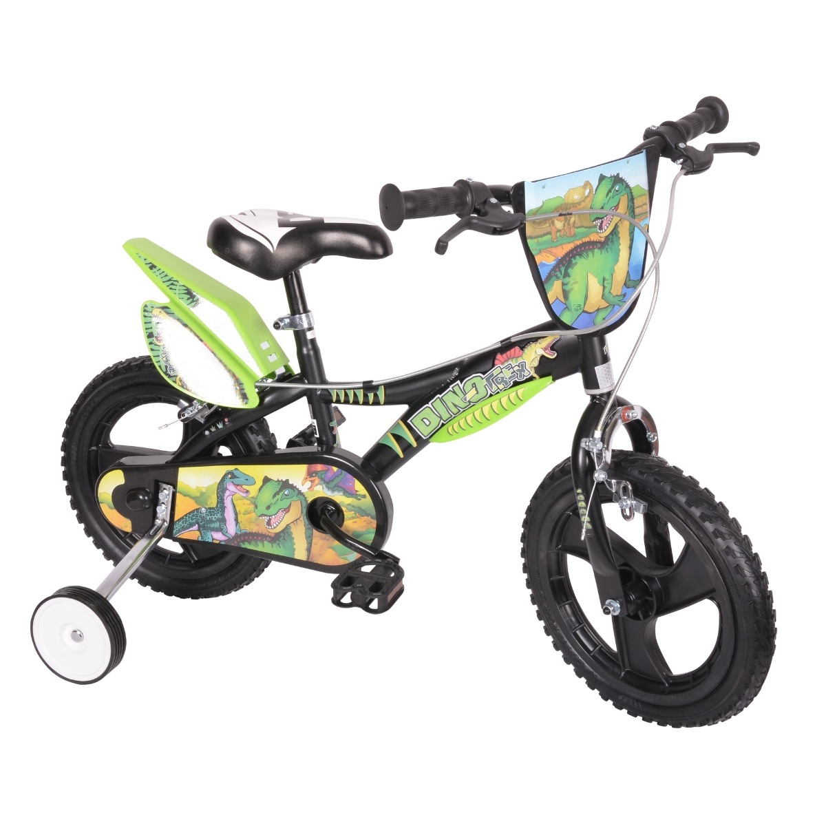 Czarny rower dziecięcy z grafiką dinozaurów, kółkami bocznymi i zielonymi akcentami.