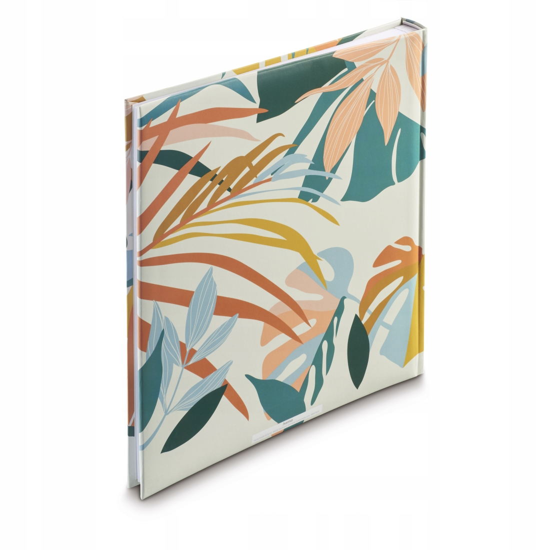 Notatnik ze wzorem tropikalnych liści w kolorach pomarańczowym, zielonym i niebieskim na jasnym tle.
