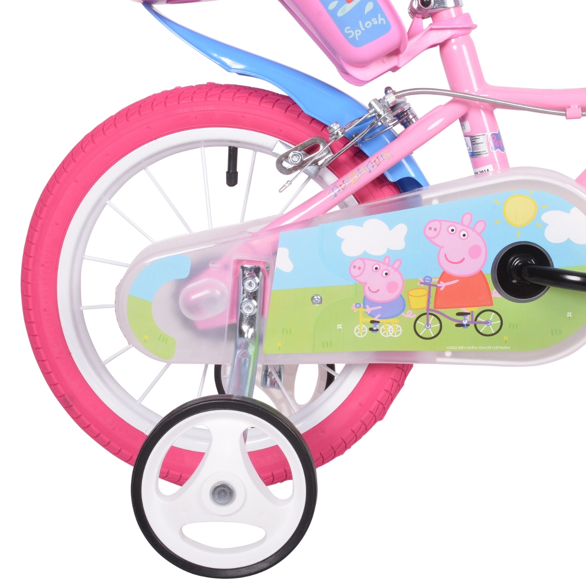 Różowy rower dziecięcy z motywem Świnki Peppy, kółkami bocznymi i różową oponą.