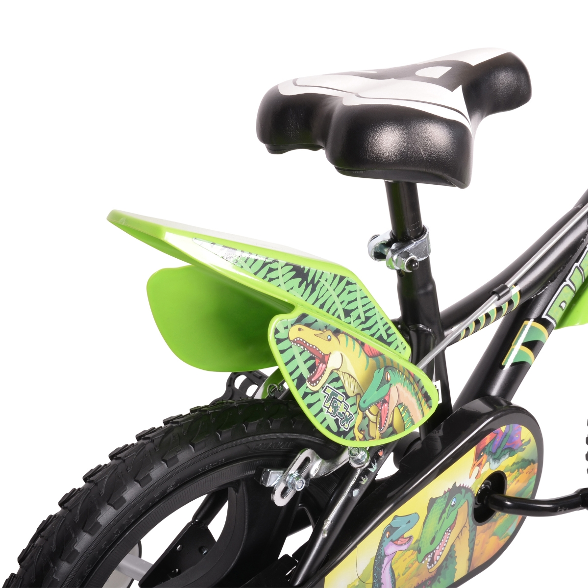 Widok z tyłu czarnego roweru z naklejkami dinozaurów i zielonym błotnikiem.