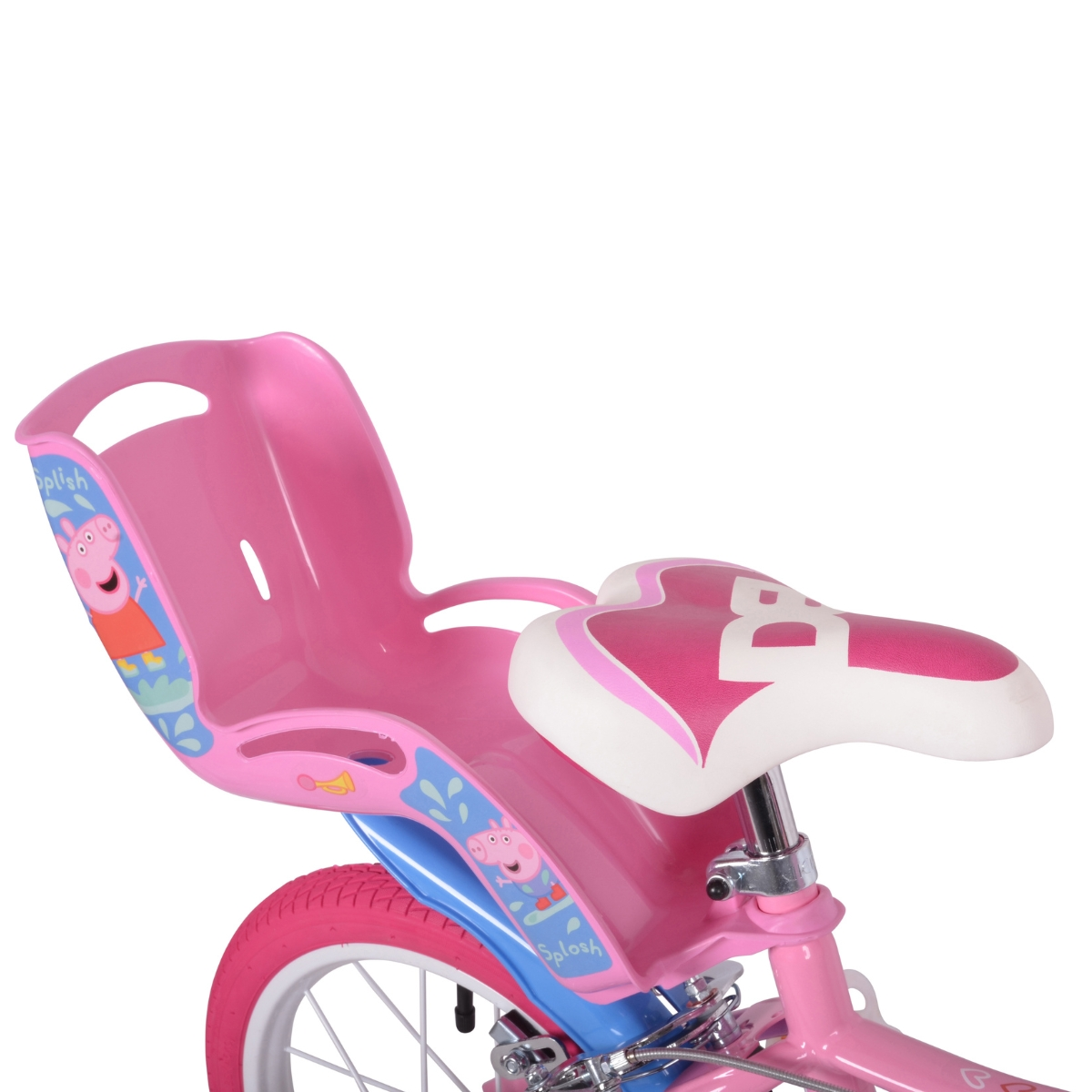 Różowe fotelik rowerowy dla dziecka z Peppą Świnka. Białe siodełko.