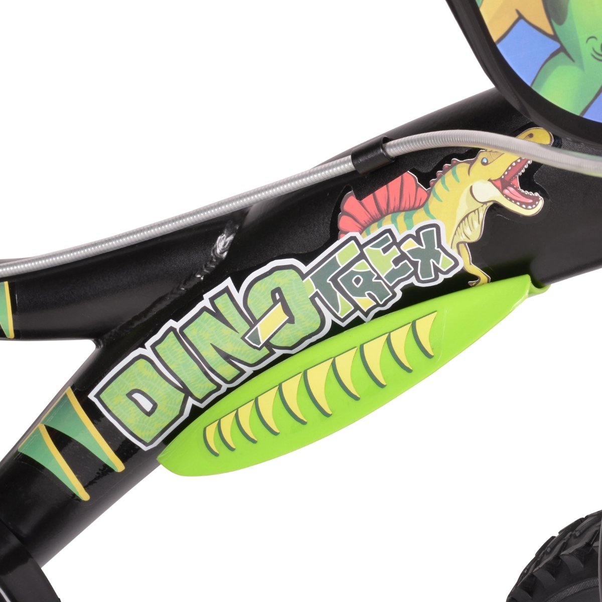 Czarna rama roweru z naklejką Dino-Rex i zieloną częścią.
