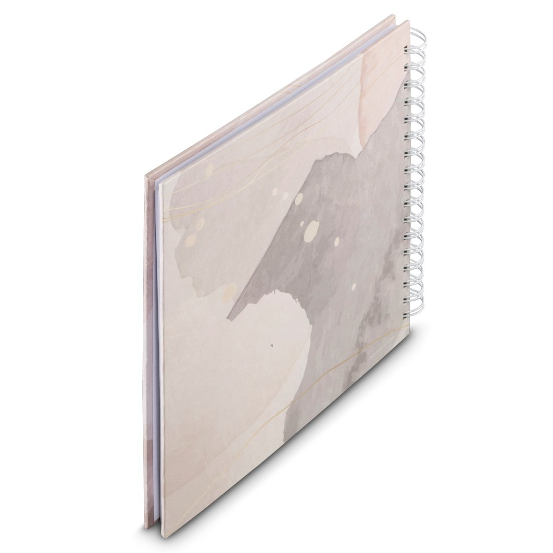 Notatnik spiralny z abstrakcyjnym wzorem w neutralnych kolorach.