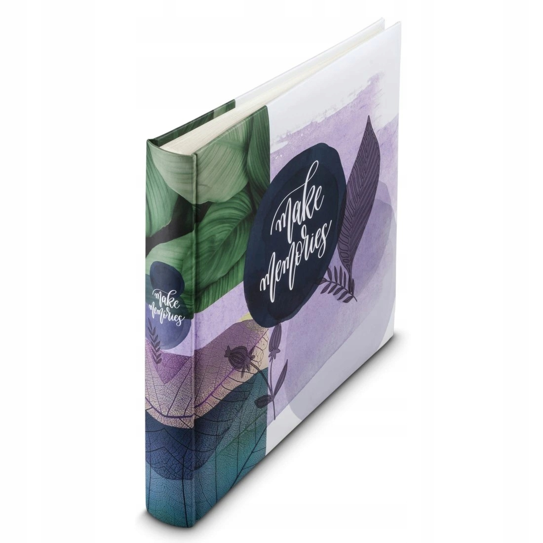 Notatnik z napisem "Make memories" i motywami liści.