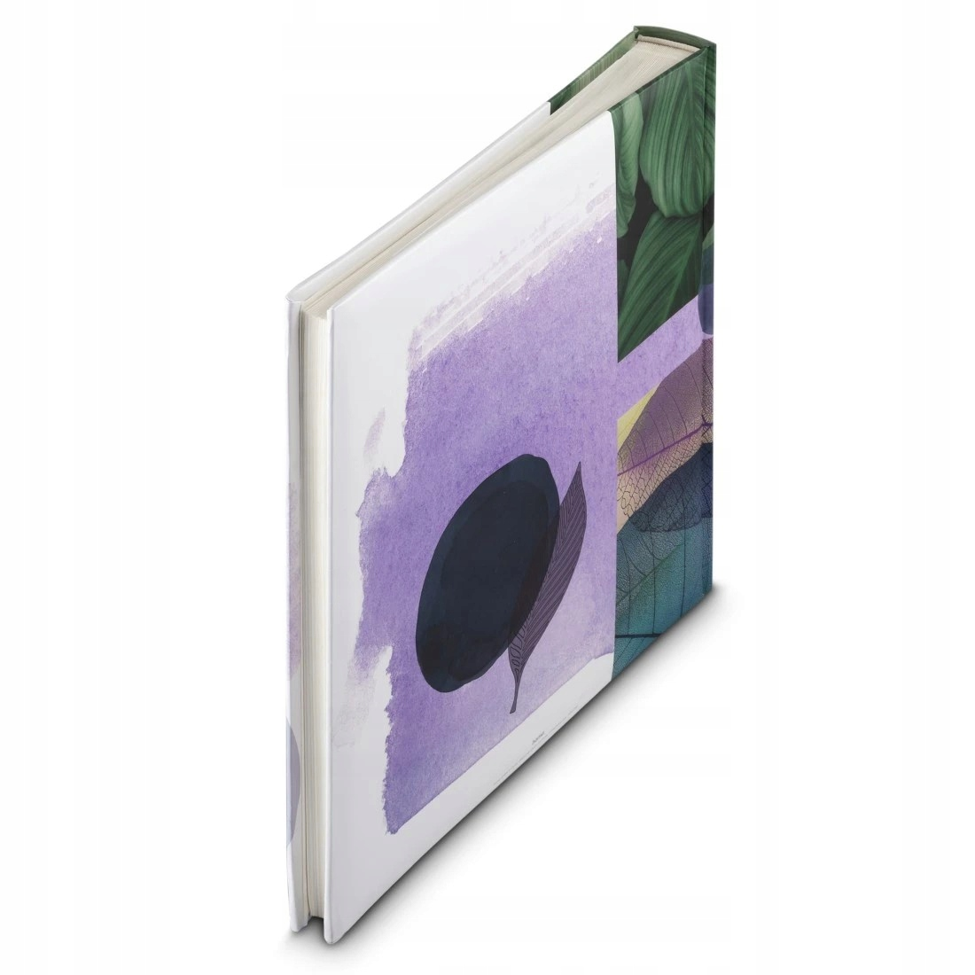 Książka z fioletowym wzorem akwareli na okładce i wzorem liści na grzbiecie.