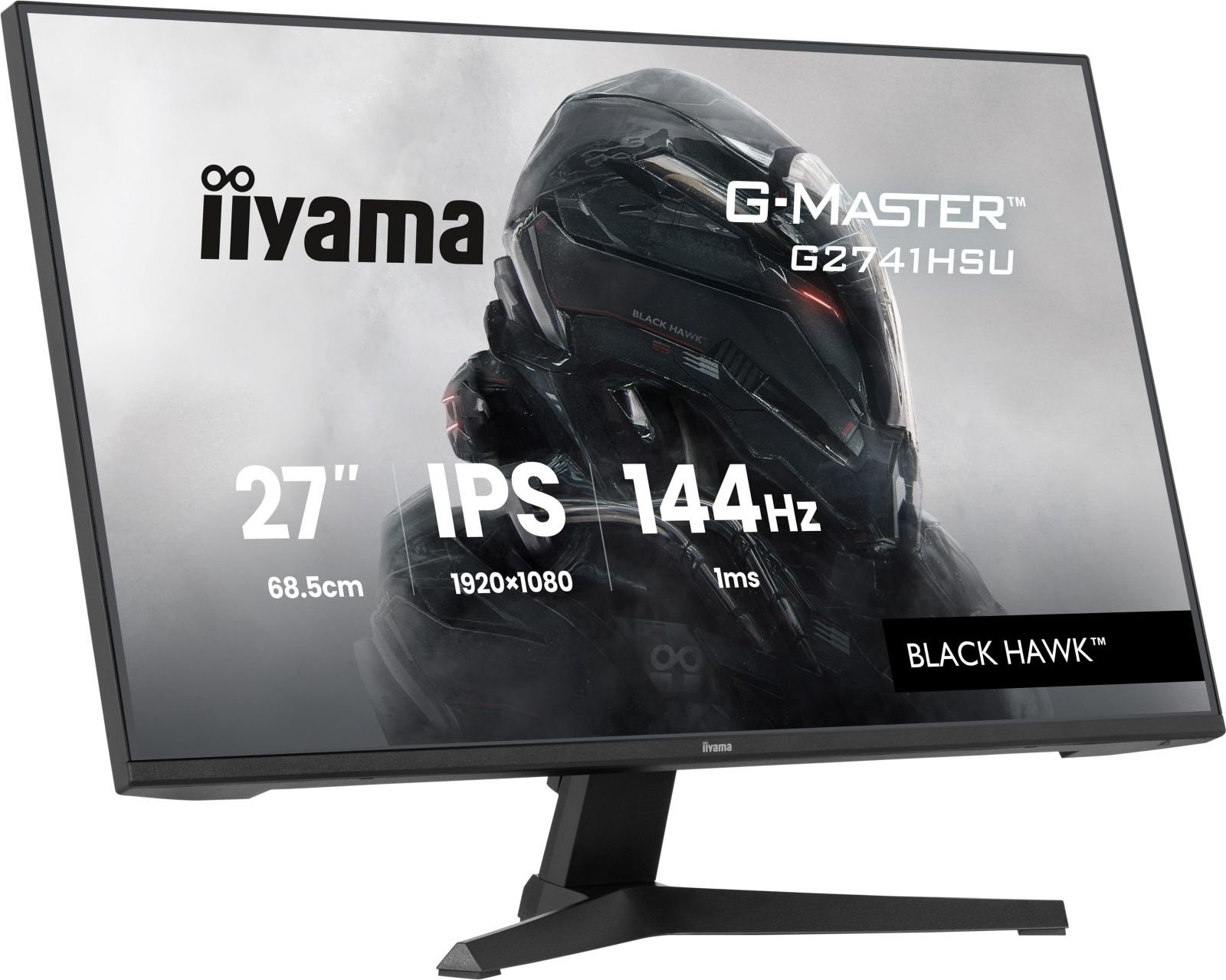 Un moniteur iiyama IPS noir de 27 pouces 144Hz, montrant une figure casquée noire.