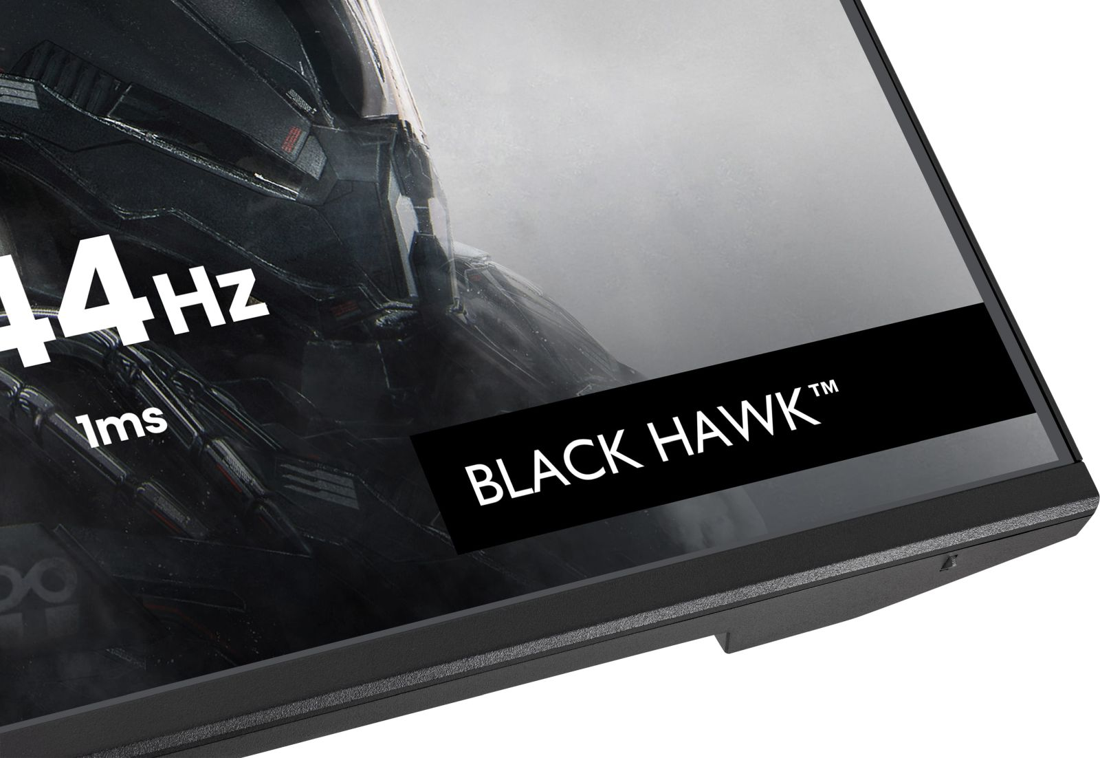 Écran de moniteur affiche une figure blindée noire, 144Hz, 1ms et texte BLACK HAWK.