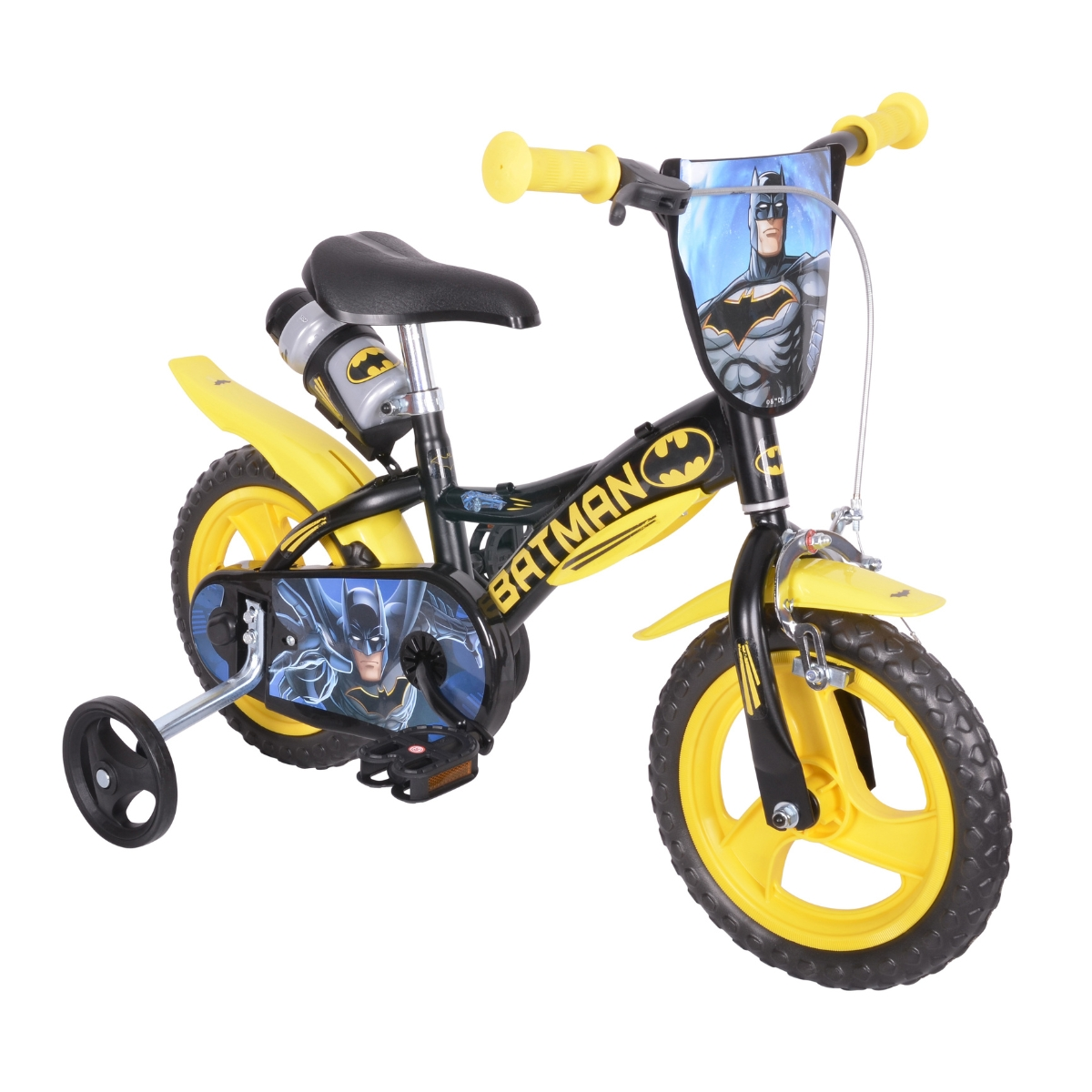 Żółto-czarny rower dziecięcy Batman z kółkami bocznymi.
