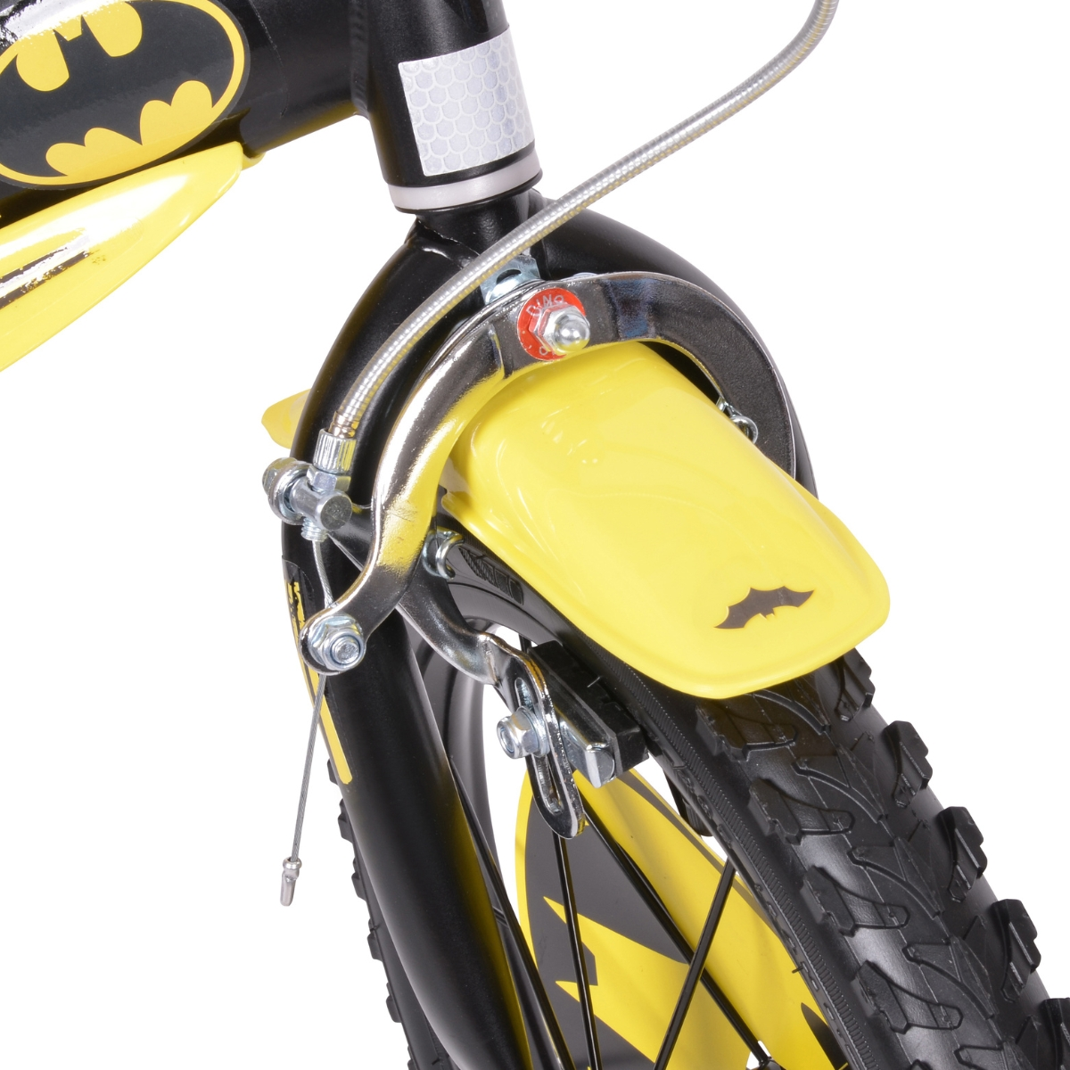 Żółty błotnik Batmana z hamulcami i czarną ramą.