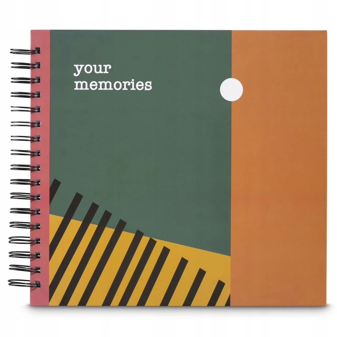 Notatnik bindowany drutem. Okładka zawiera zielone, pomarańczowe i żółte wzory abstrakcyjne.