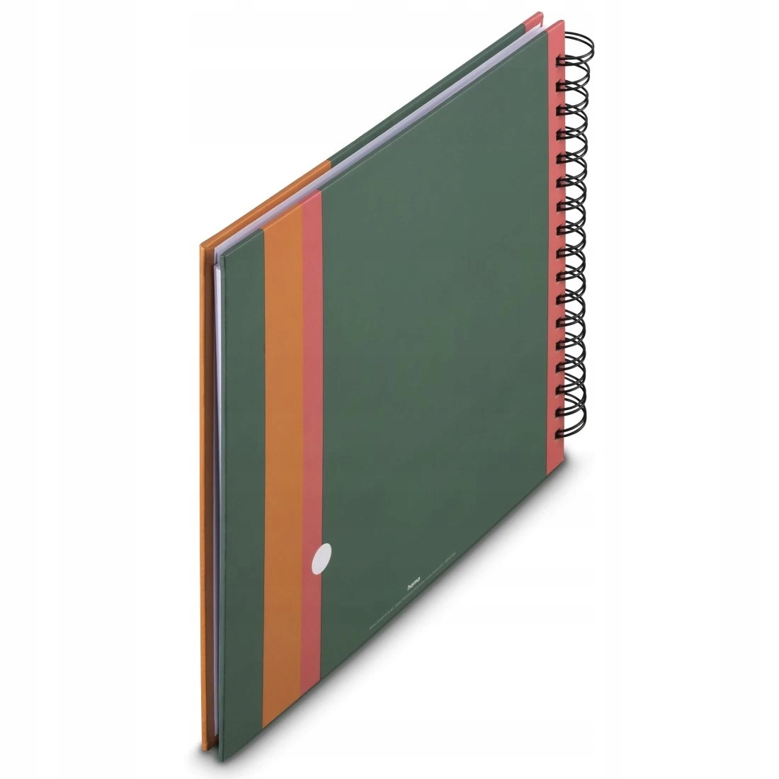 Zielony notatnik spiralny z pomarańczowo-czerwonymi paskami.