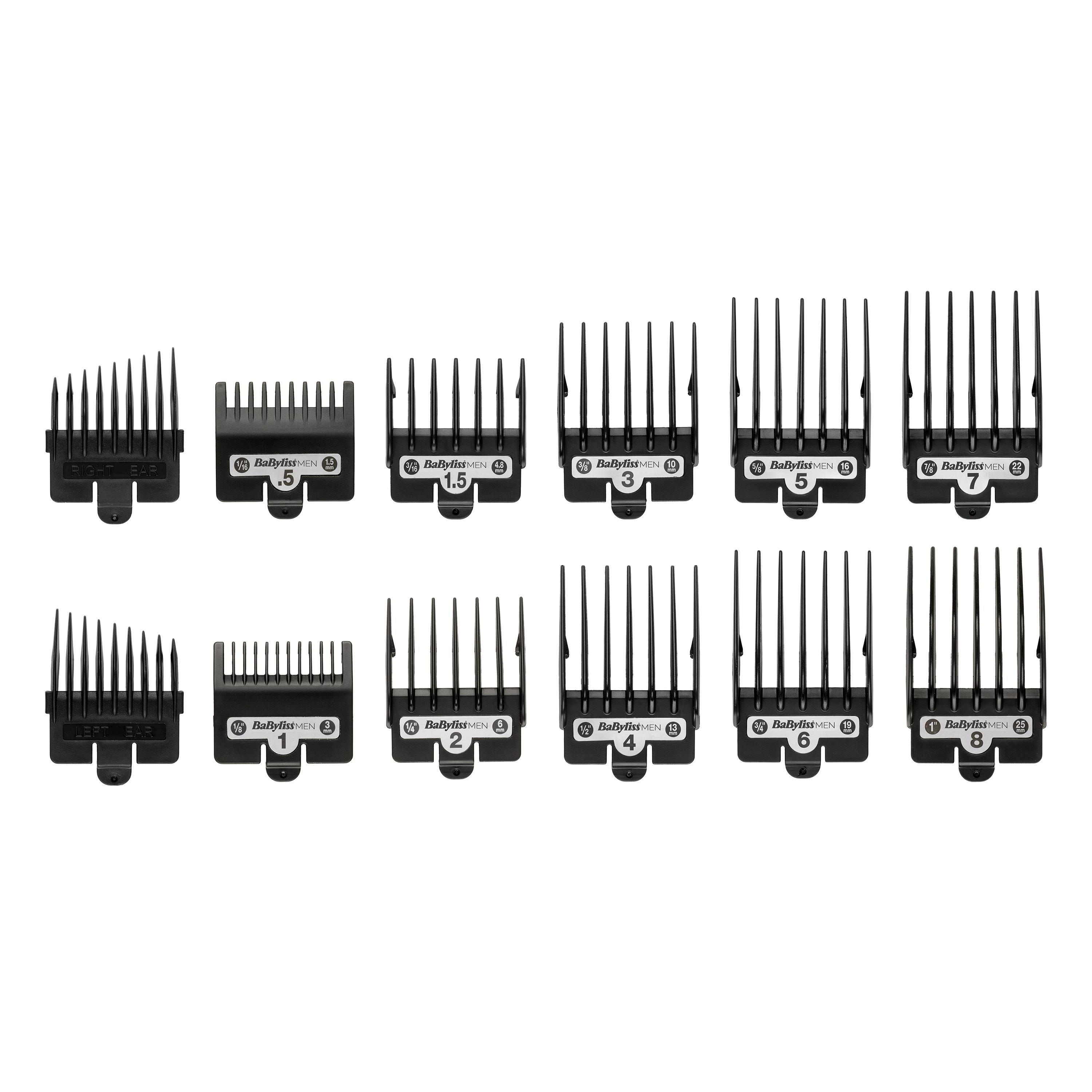 Dwanaście czarnych nasadek do maszynki do włosów w dwóch rzędach na białym tle.