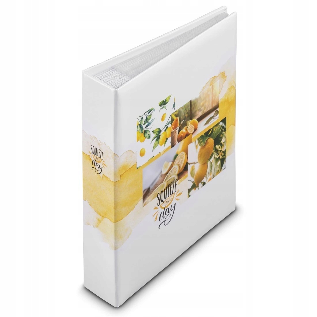Biały album na zdjęcia z motywem cytryn i napisem 'Squeeze the day'.