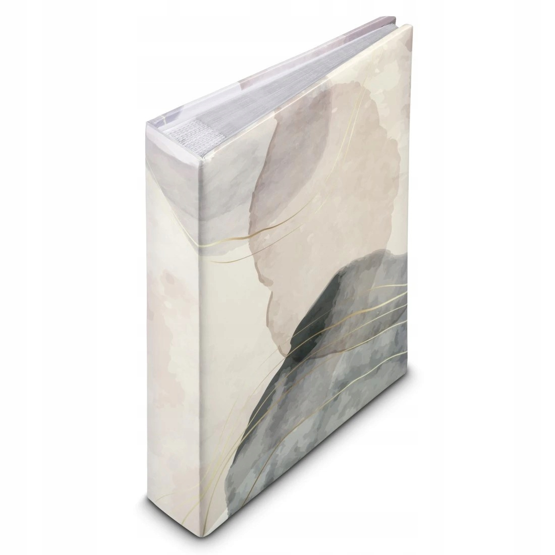 Książka z abstrakcyjnym wzorem akwareli w odcieniach beżu, szarości i różu ze złotymi akcentami.