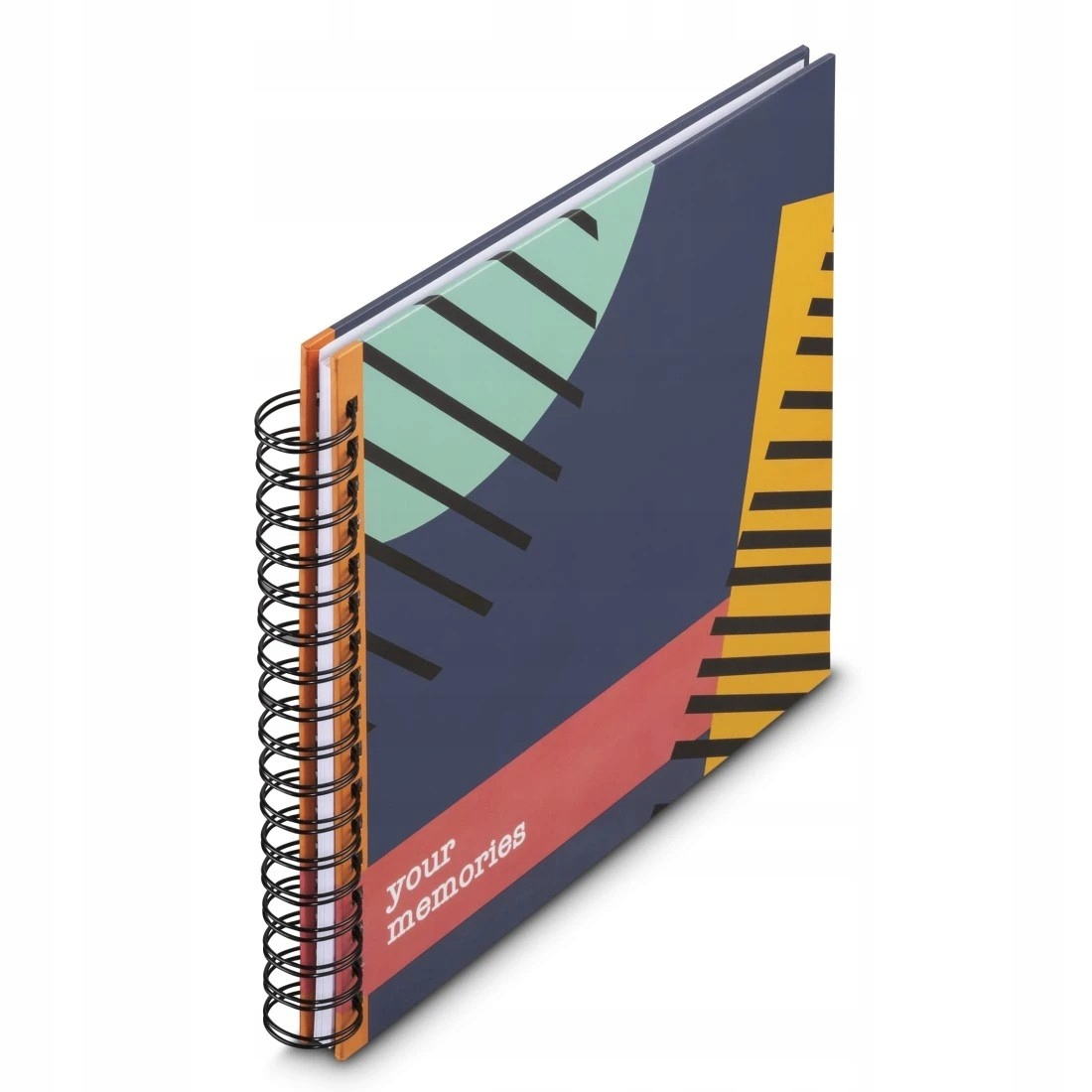 Notatnik spiralny z ciemnoniebieską okładką, geometrycznymi wzorami i tekstem.