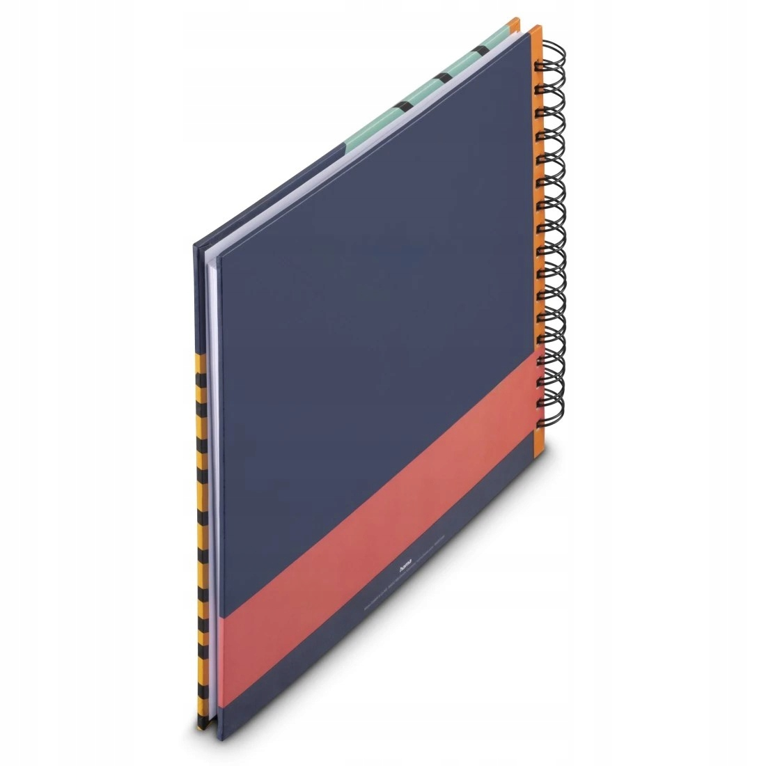 Ciemnoniebieski notatnik z czerwonym paskiem i spiralą.