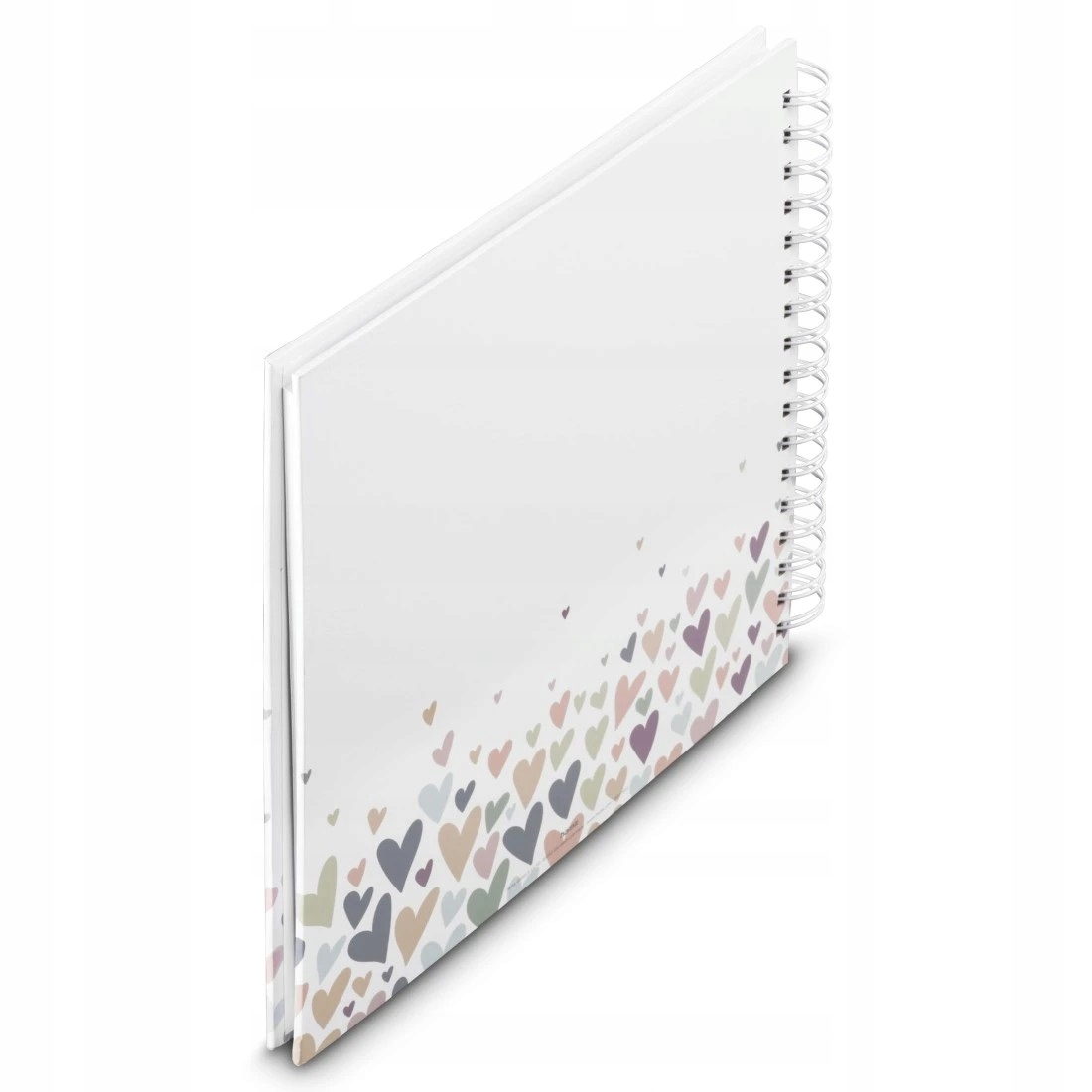 Notatnik bindowany spiralą, którego okładkę zdobią liczne małe serca w pastelowych kolorach.