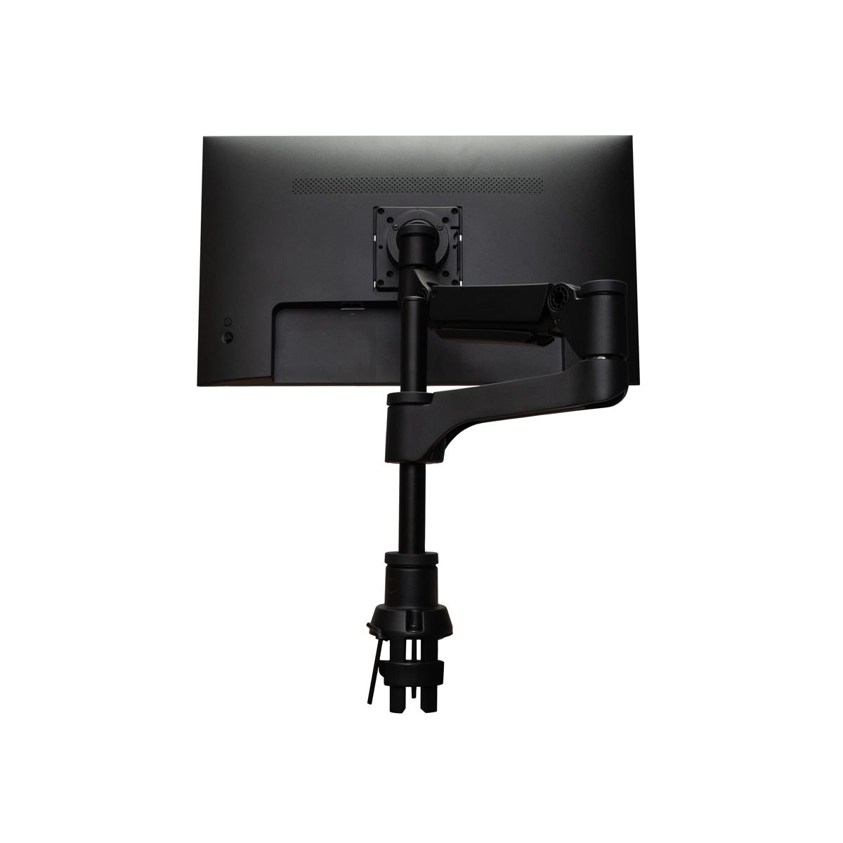 A black monitor arm holds a black monitor. White background.