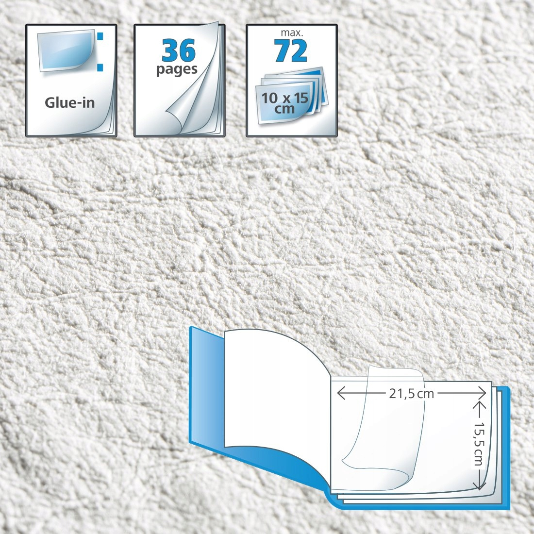 Album na 36 stron, klejony, na 72 zdjęcia (10x15 cm).