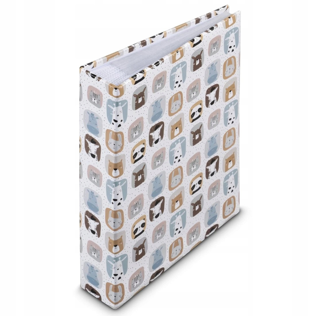 Album na zdjęcia ze zwierzęcymi motywami, w kolorach beżu, brązu, błękitu i szarości.