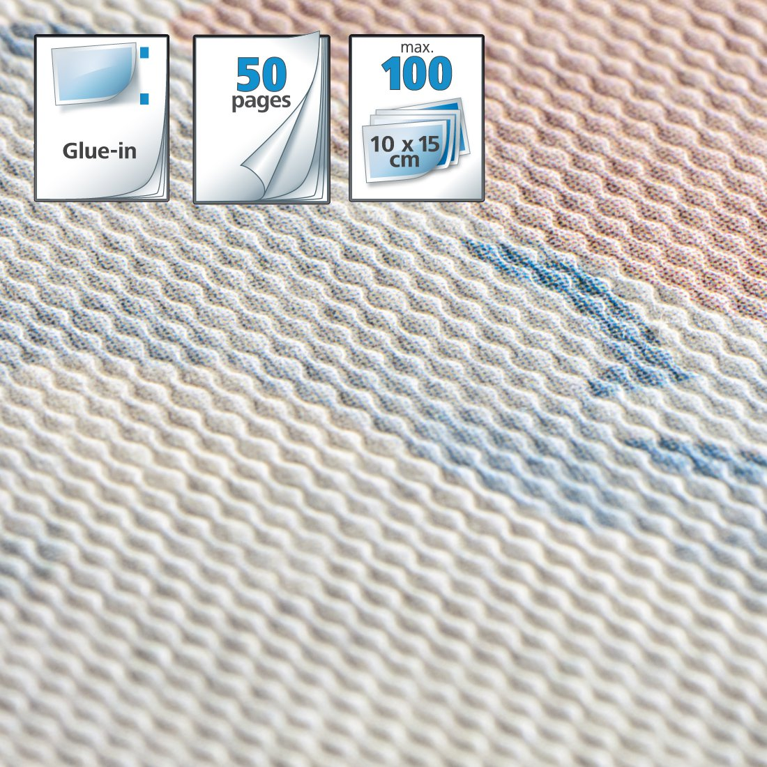 Ikony pokazują wklejane, 50 stron i maks. 100 stron 10x15cm.