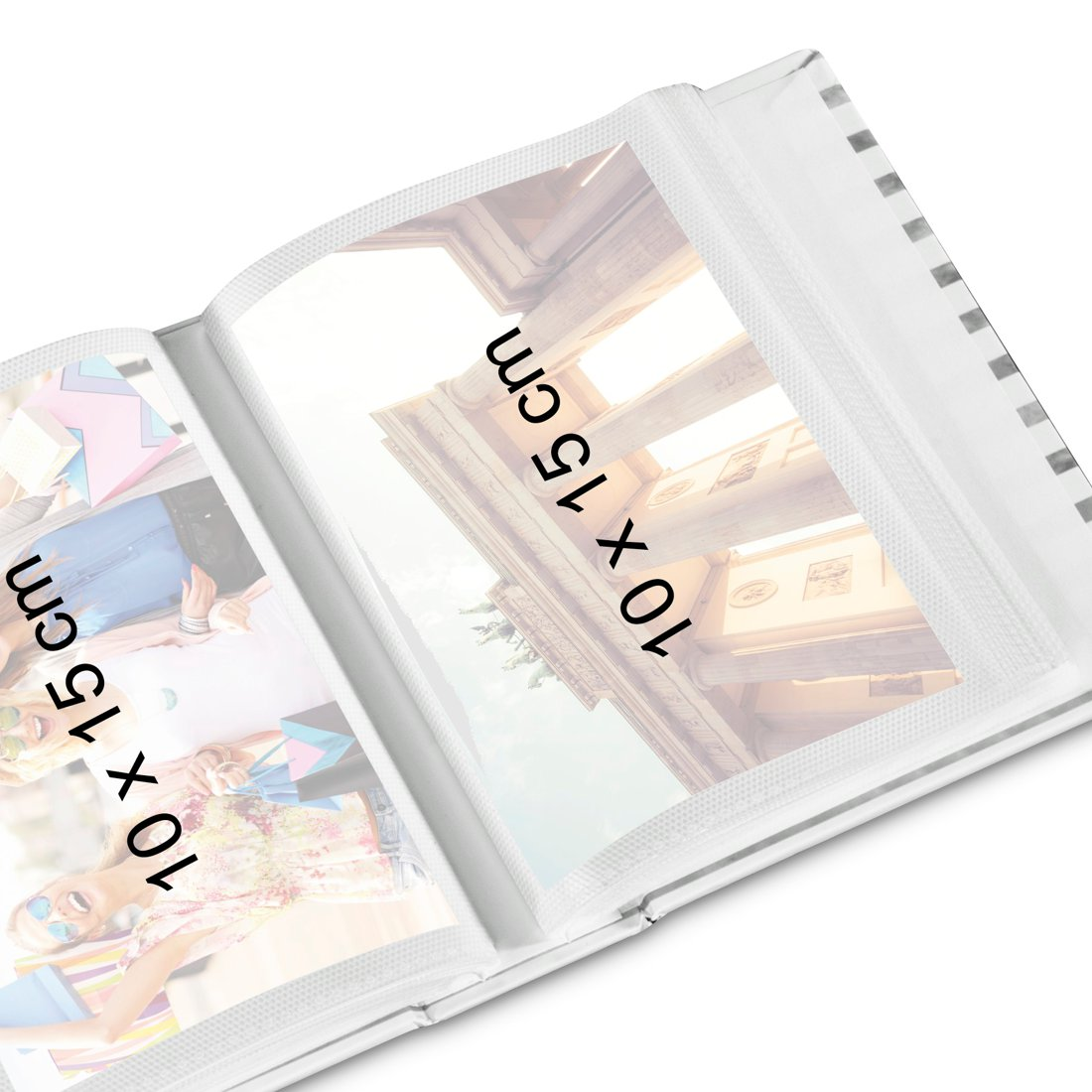 Otwarty album na zdjęcia z fotografią kobiety i architektury.