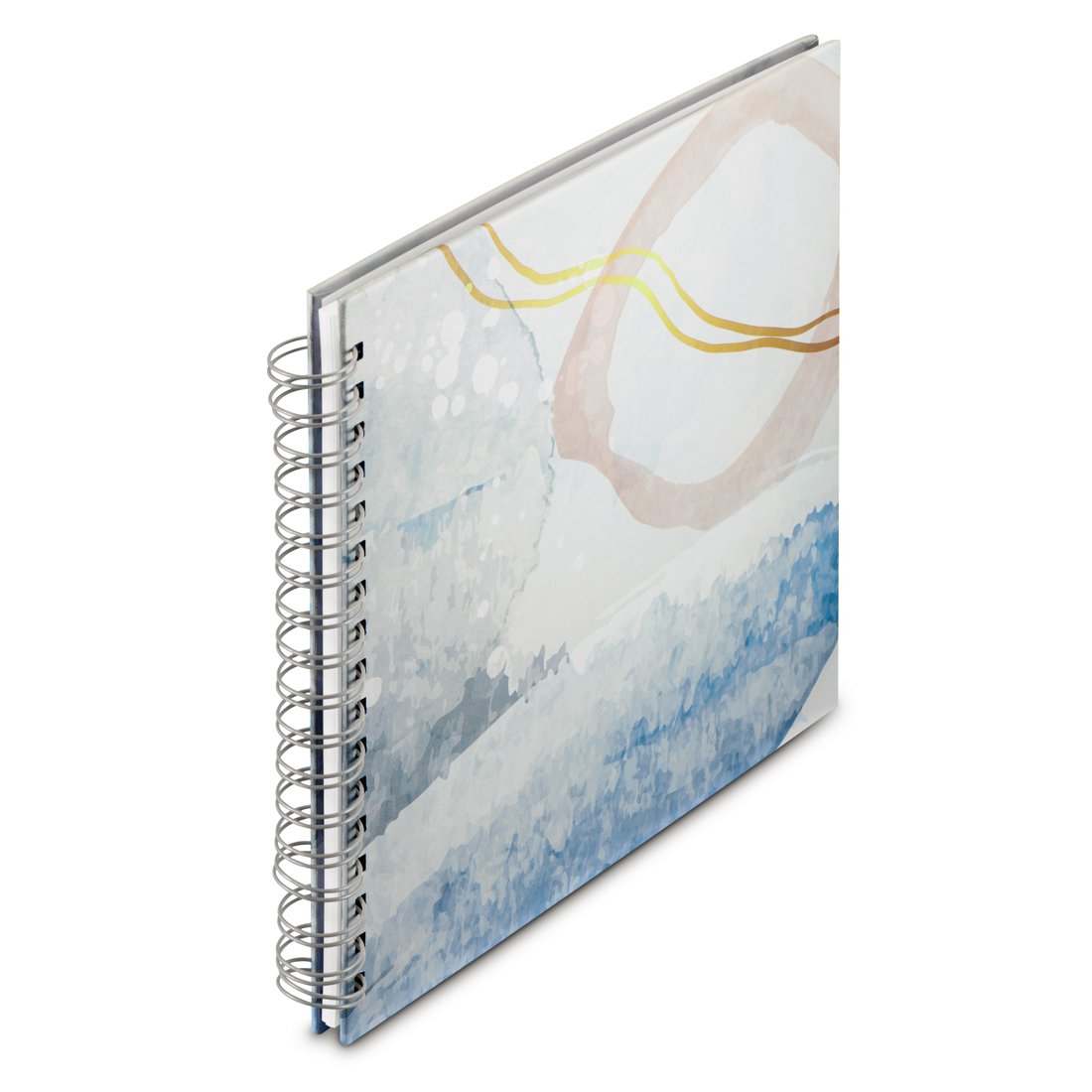 Notatnik spiralny z abstrakcyjnym wzorem akwarelowym w kolorach niebieskim i różowym na okładce.