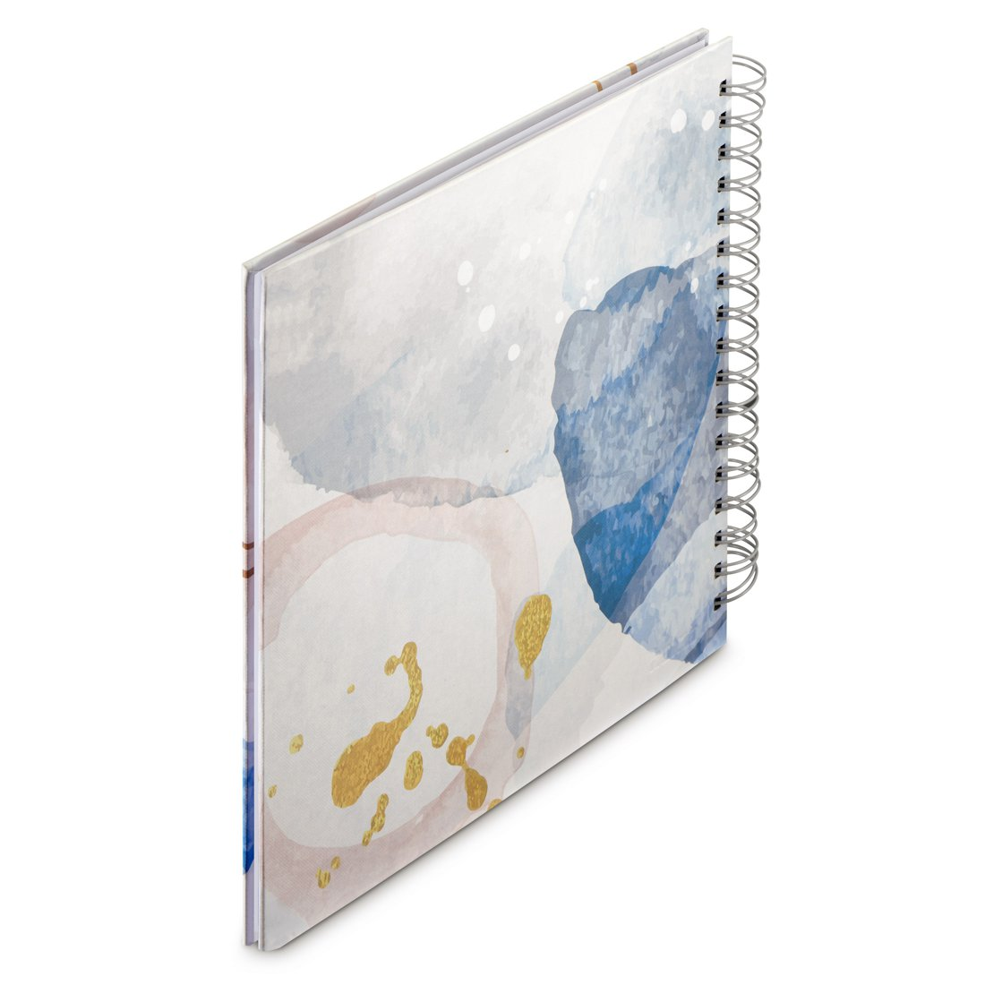 Notatnik bindowany spiralą, ozdobiony abstrakcyjnymi wzorami akwarelowymi w odcieniach niebieskiego i różu.