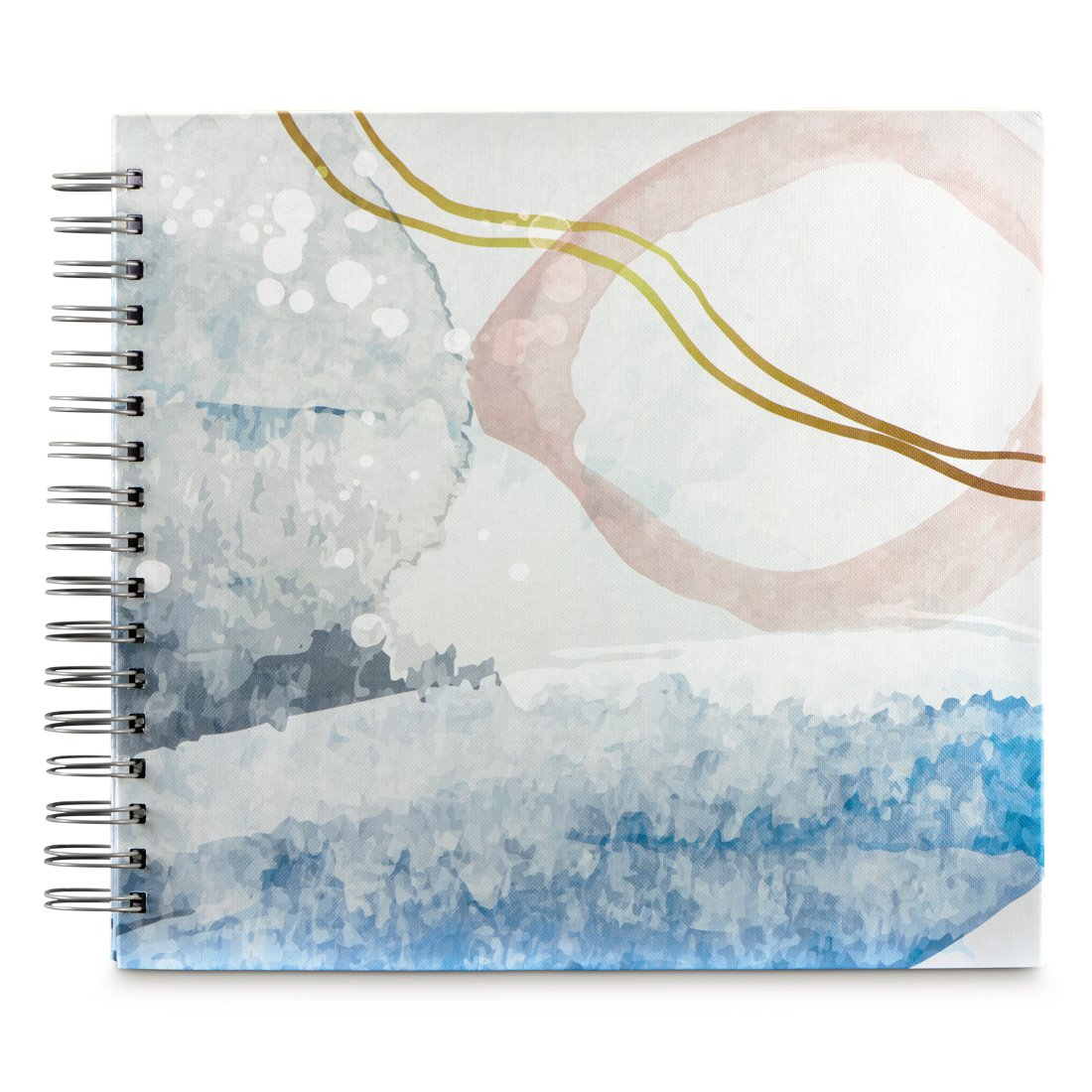 Notatnik na spirali z abstrakcyjnym wzorem akwarelowym w odcieniach niebieskiego i różu ze złotymi liniami.