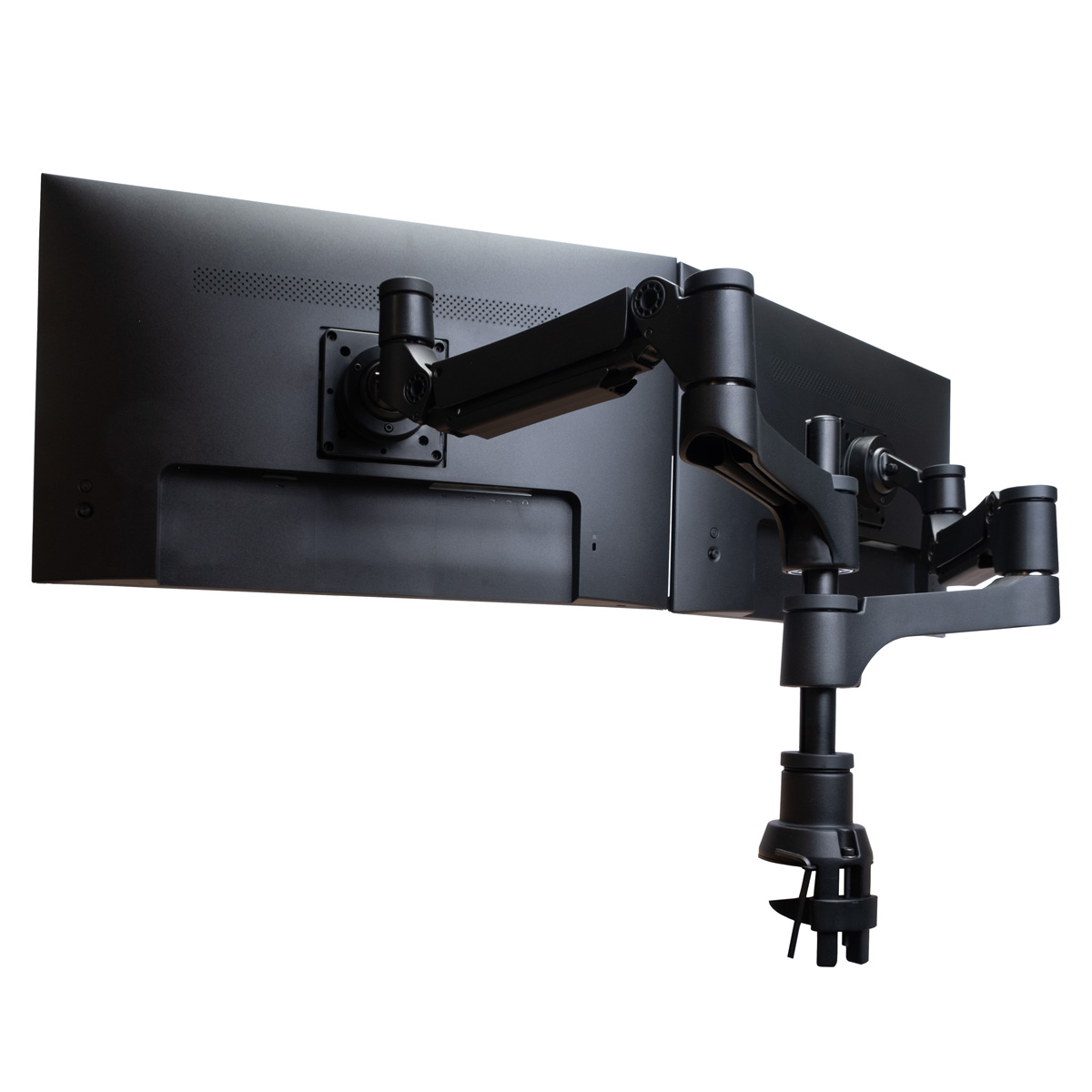 Dual monitor mount with articulating arm and clamp.