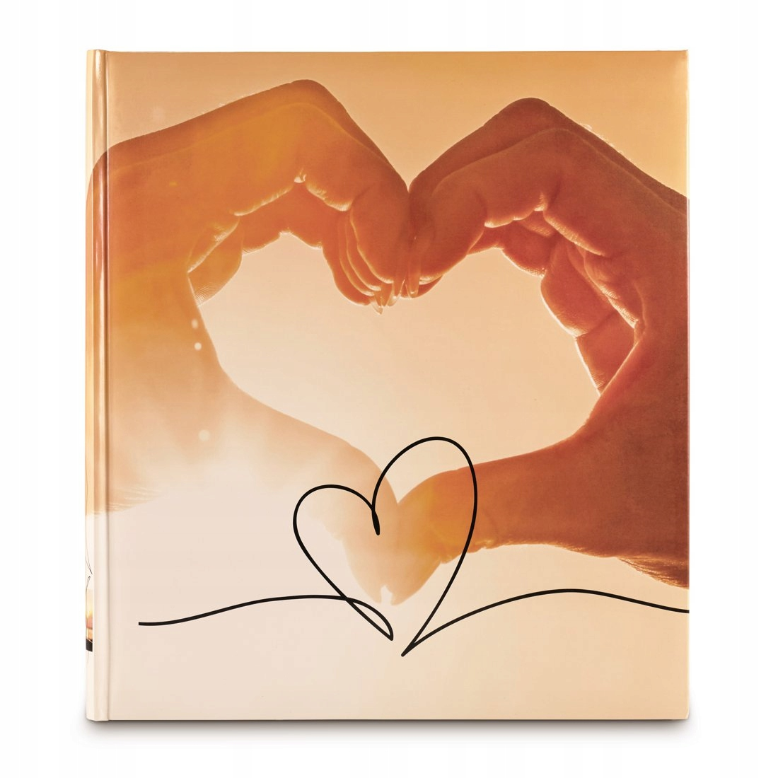 Dwie dłonie tworzą serce na tle słonecznego nieba. Rysunek linii tworzy kolejne serce.