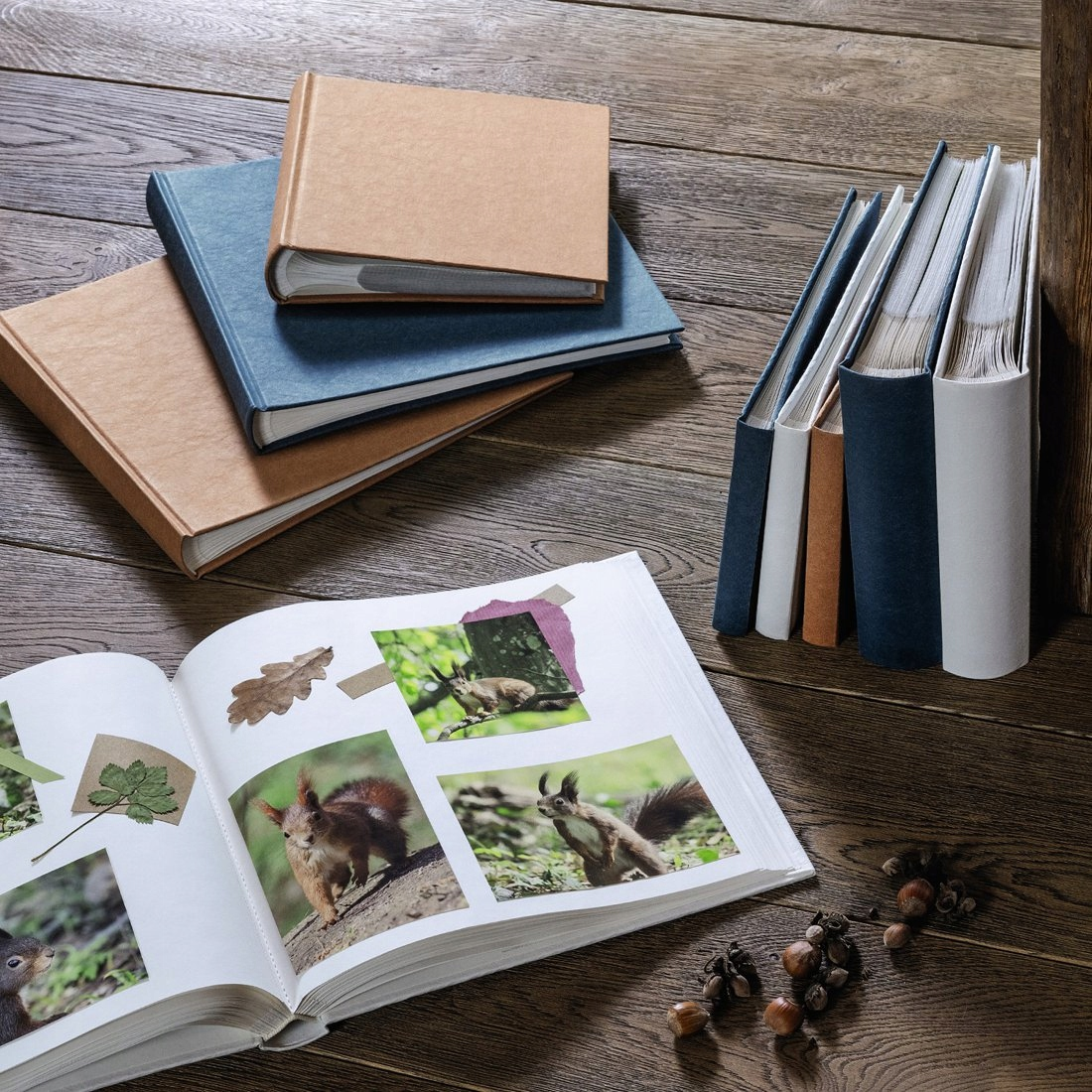 Otwarty album na zdjęcia ze zdjęciami wiewiórek i książkami na drewnianym tle.