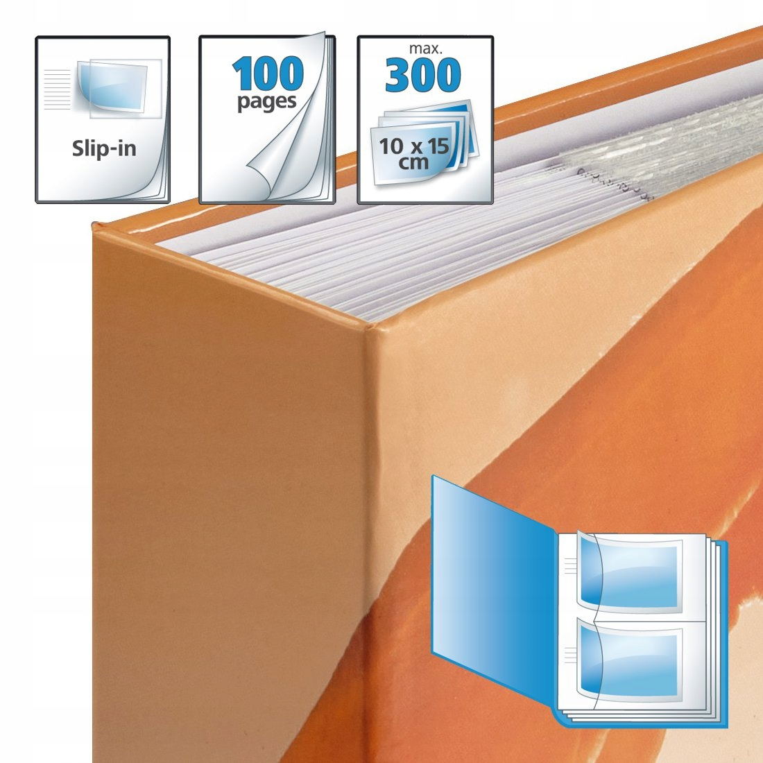 Pomarańczowa okładka albumu na zdjęcia z ikonami: wsuwane, 100 stron, maks. 300 zdjęć.