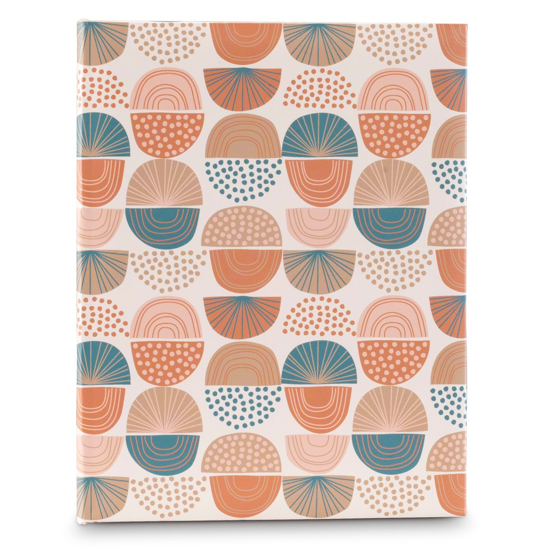 Książka ze wzorem półkoli w kolorach pomarańczowym, niebieskim i beżowym na białym tle.