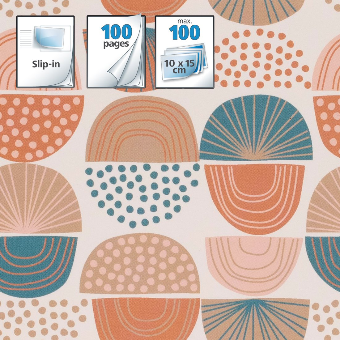 Kolorowy papier wzorzysty z półokręgami i kropkami w kolorze pomarańczowym, niebieskim i beżowym.