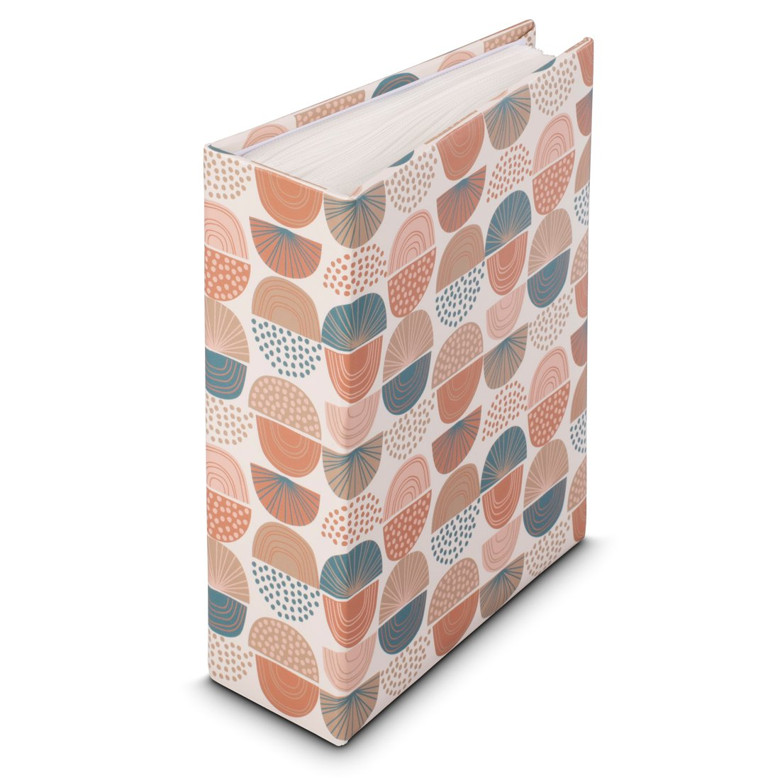 Segregator ze wzorem geometrycznym półkoli i kropek w pastelowych kolorach.