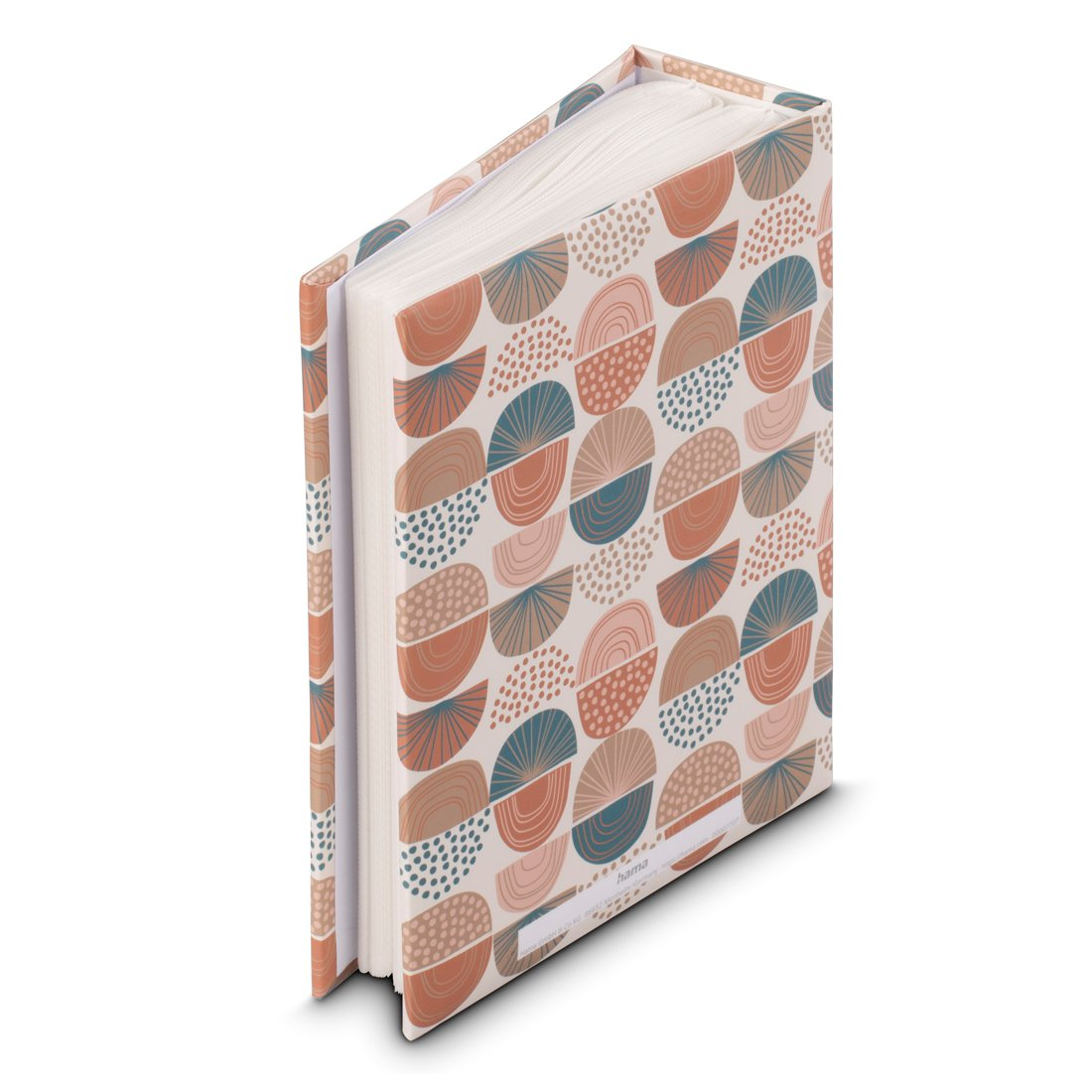 Album fotograficzny ze wzorem abstrakcyjnych segmentów koła w kolorze pomarańczowym, różowym i niebieskim.