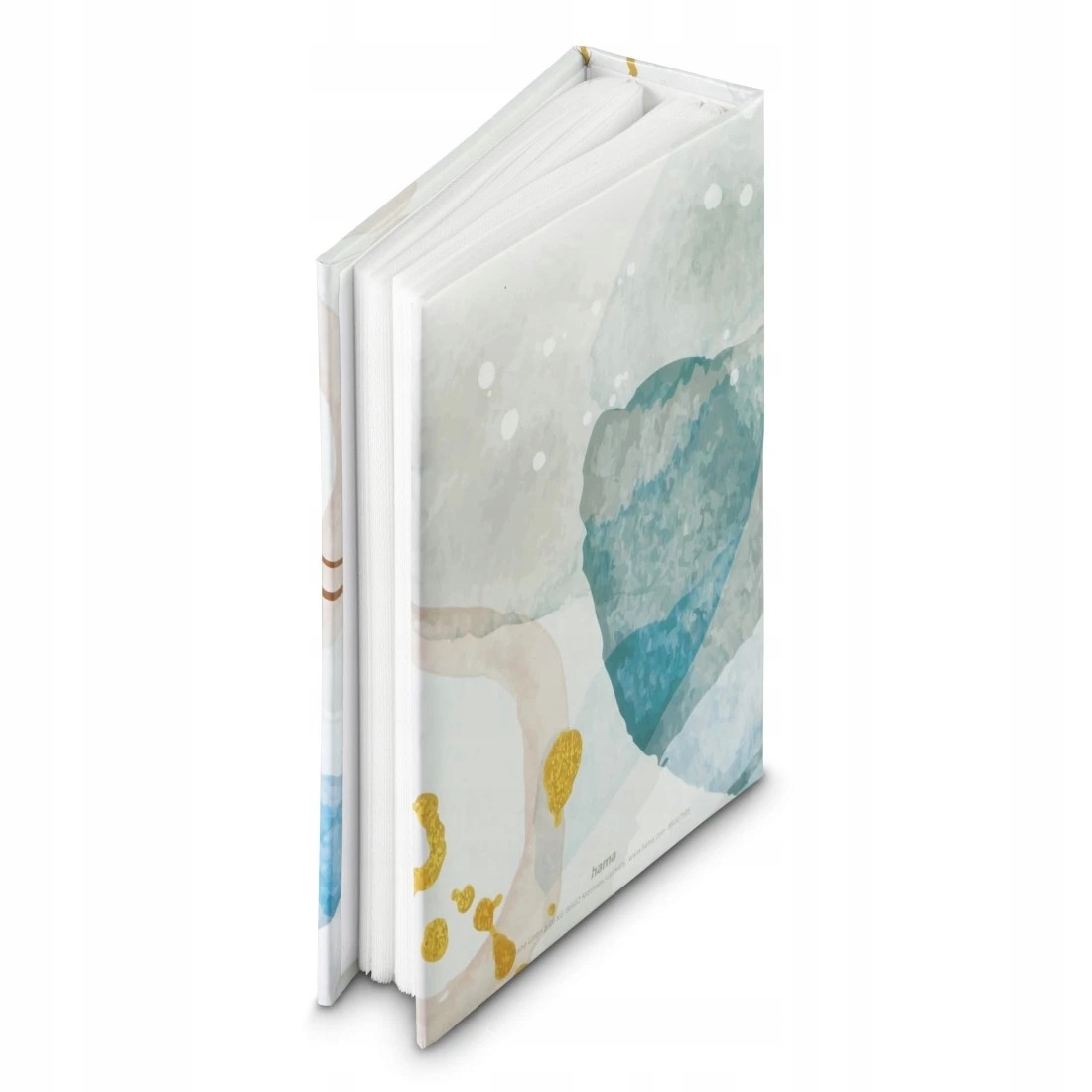Książka z abstrakcyjnym wzorem akwarelowym w odcieniach niebieskiego i beżu ze złotymi akcentami.