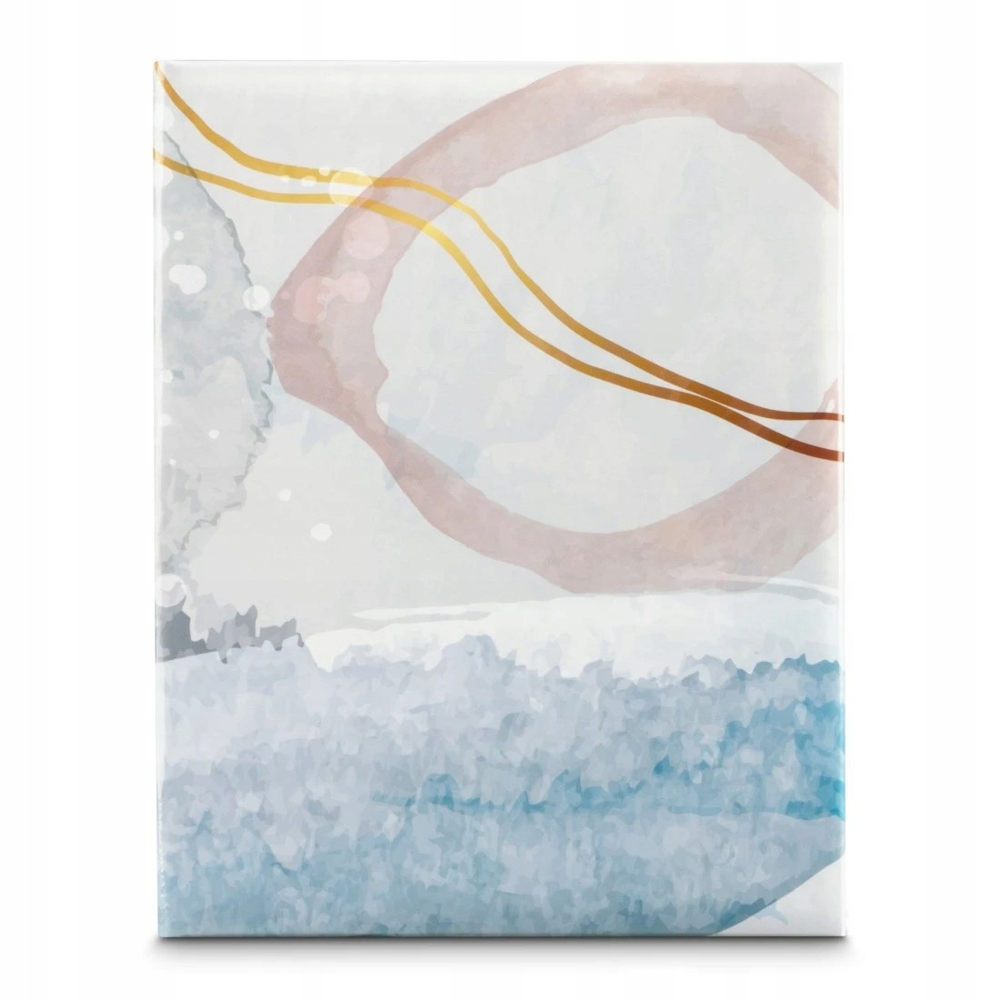 Abstrakcyjny obraz akwarelowy z niebieskimi i różowymi kształtami i złotymi liniami.