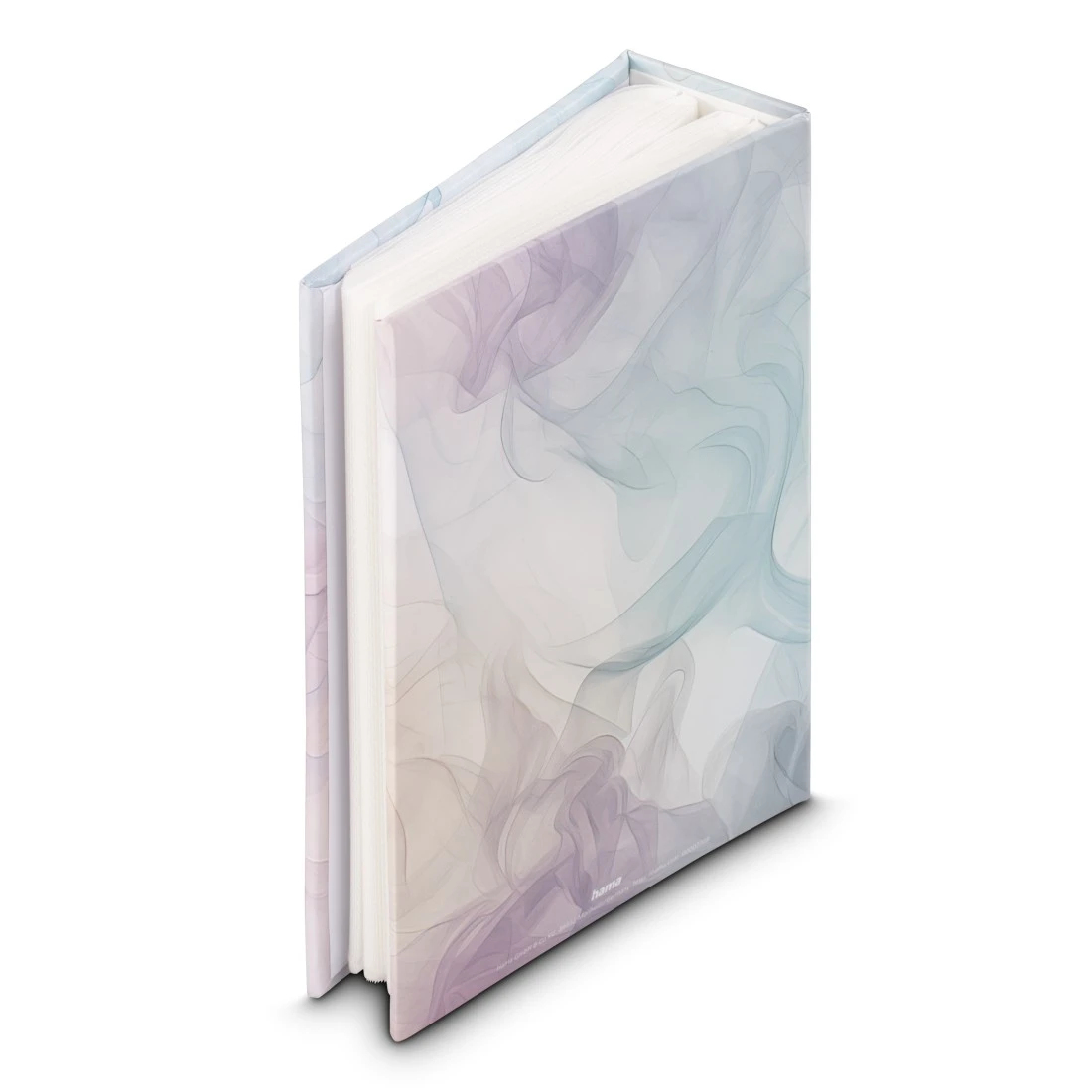 Otwarty album na zdjęcia z okładką w pastelowe marmurowe wzory.